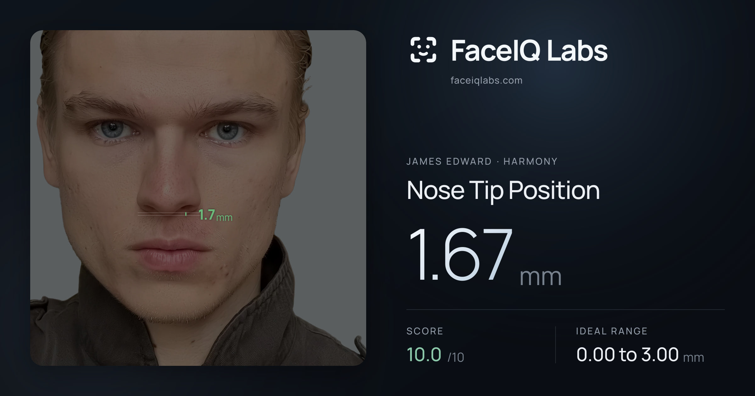 James Edward Nose Tip Position: 1.67mm, drawn on the photo