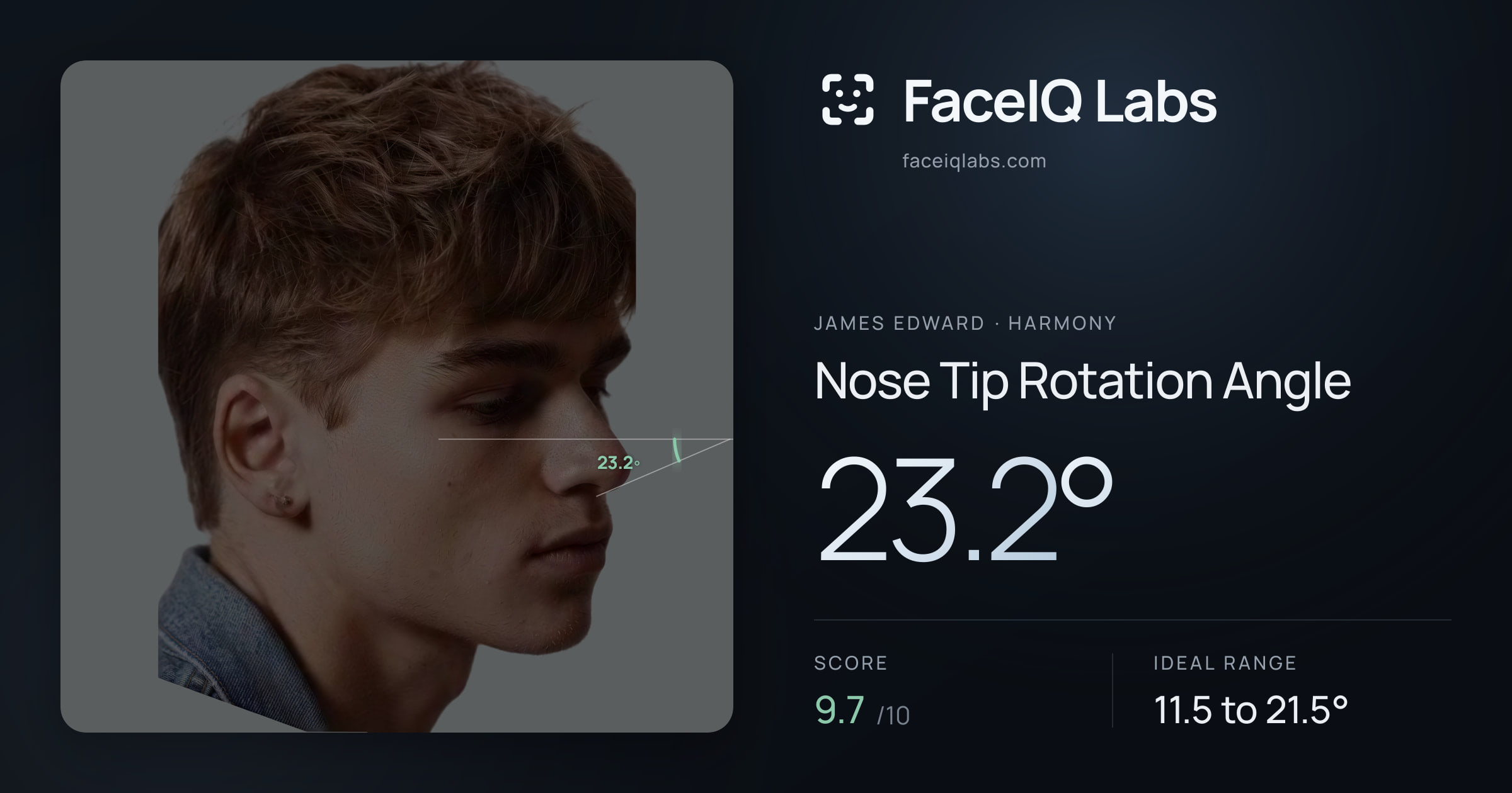 James Edward Nose Tip Rotation Angle: 23.2°, drawn on the photo