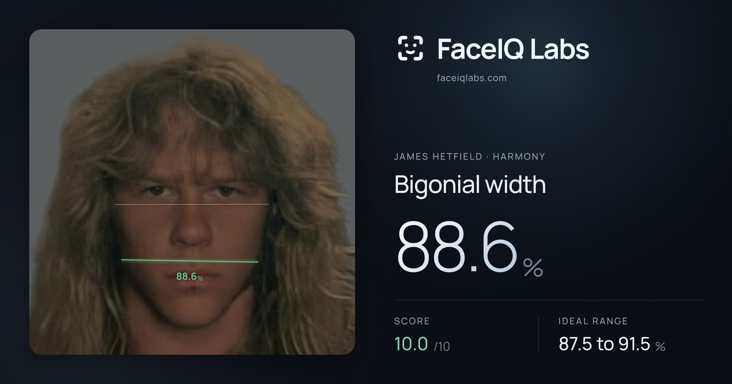 James Hetfield Bigonial width: 88.6%, drawn on the photo