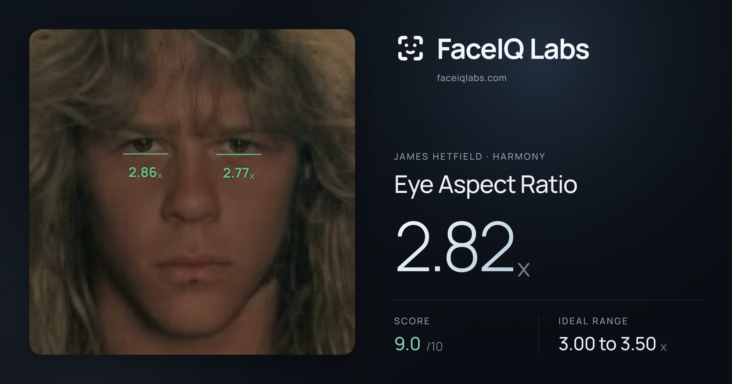 James Hetfield Eye Aspect Ratio: 2.82x, drawn on the photo