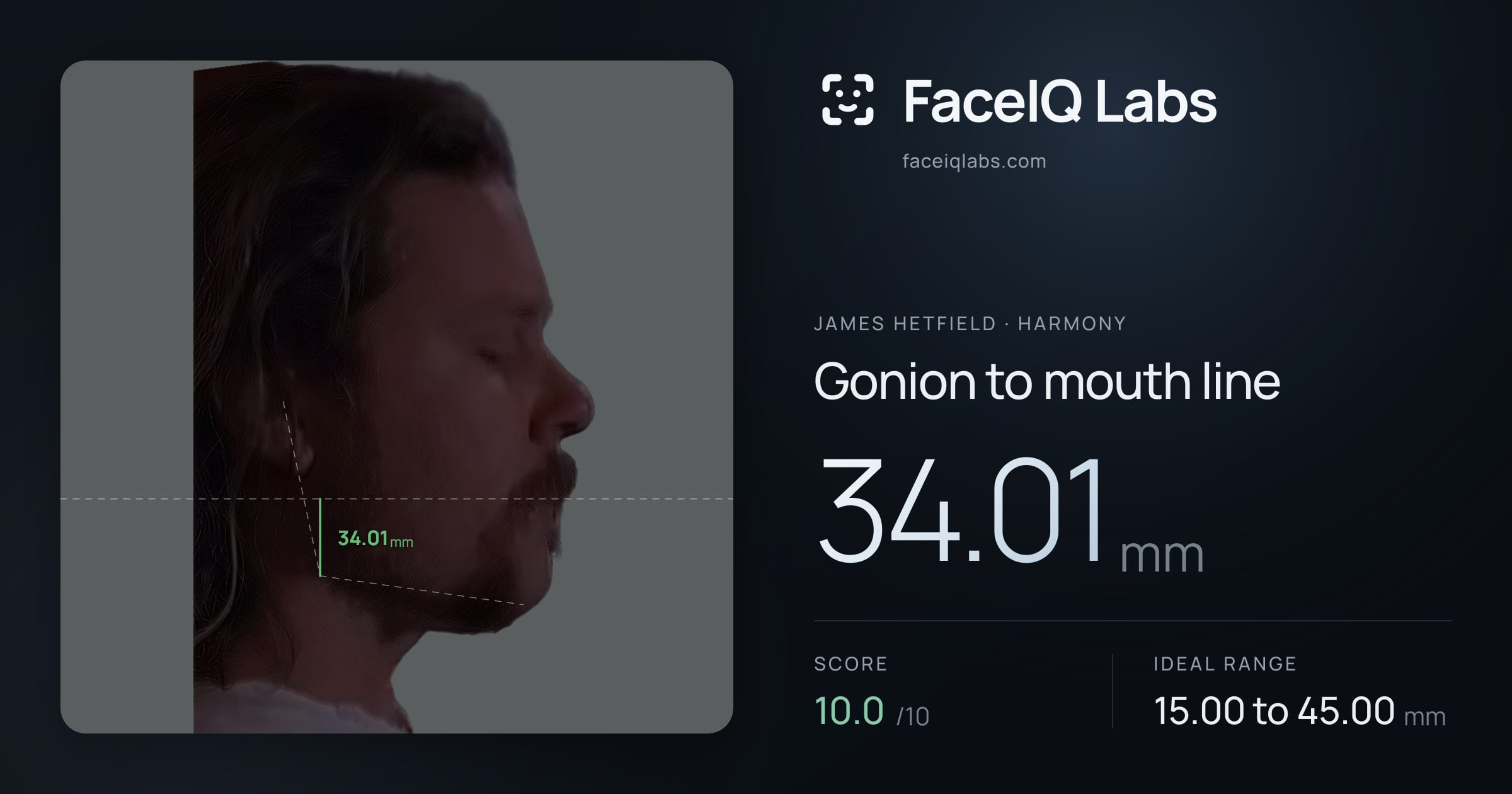 James Hetfield Gonion to mouth line: 34.01mm, drawn on the photo
