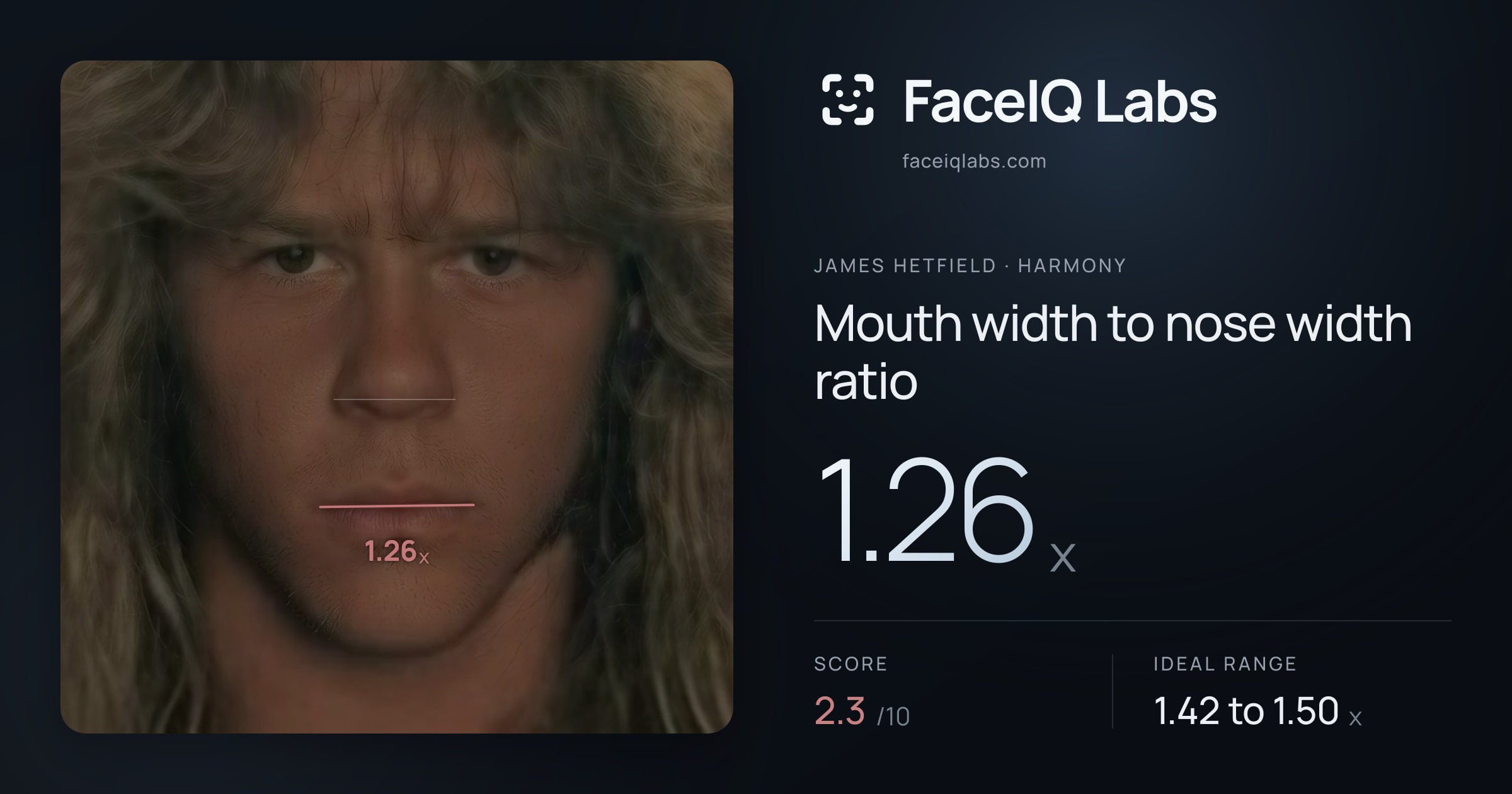 James Hetfield Mouth width to nose width ratio: 1.26x, drawn on the photo