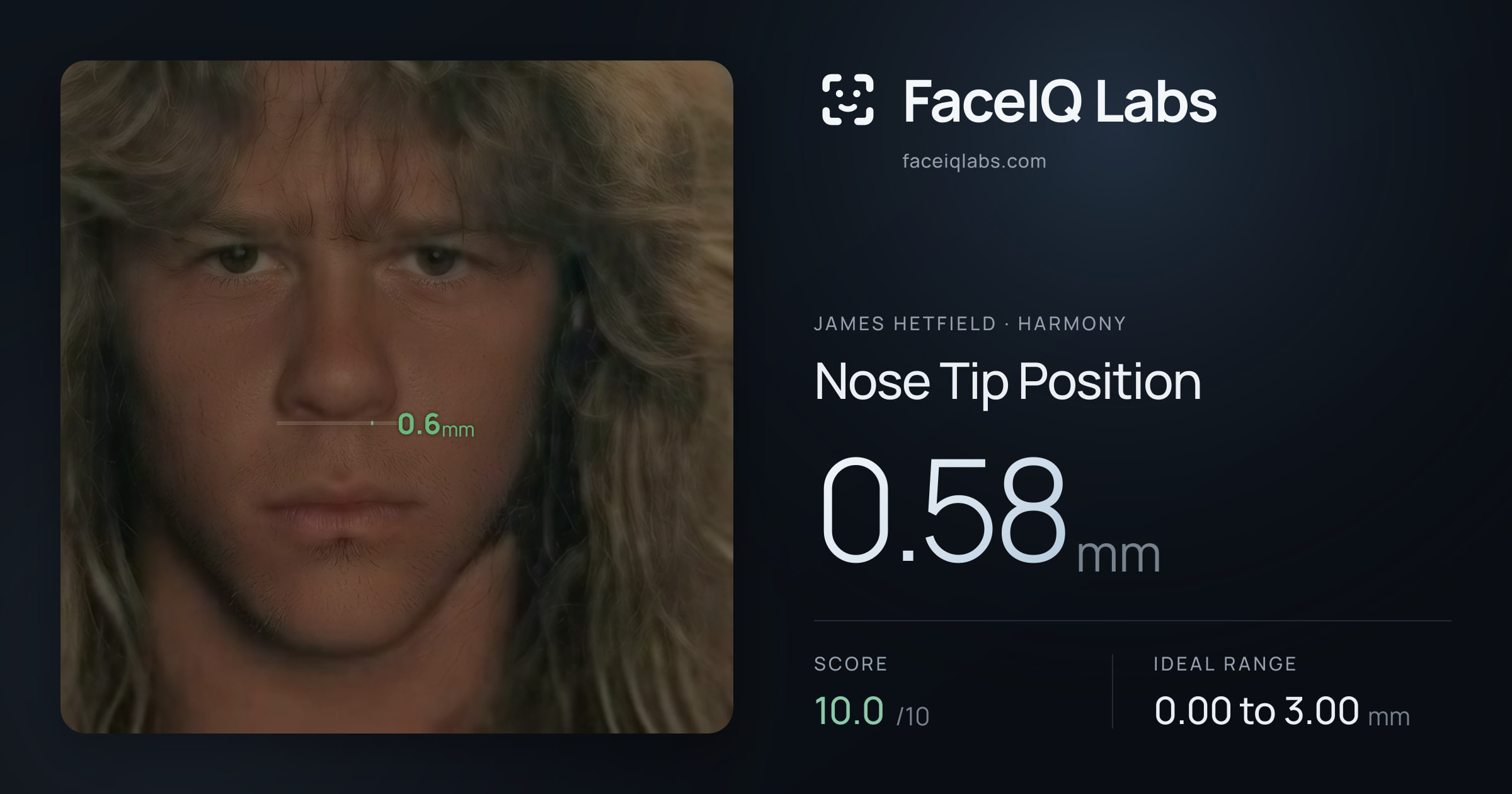 James Hetfield Nose Tip Position: 0.58mm, drawn on the photo