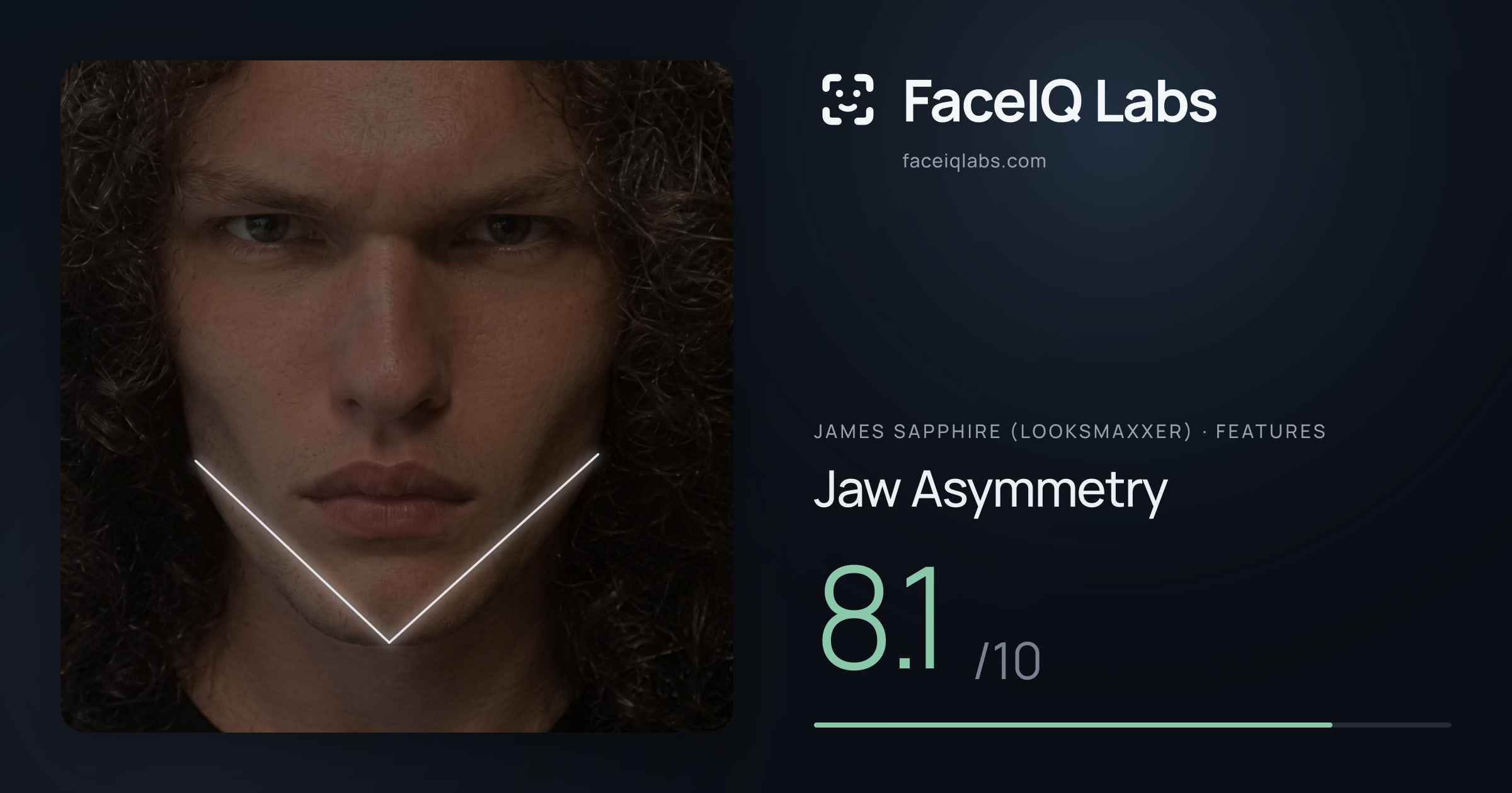 James Sapphire (Looksmaxxer) Jaw Asymmetry: 8.1/10, drawn on the photo