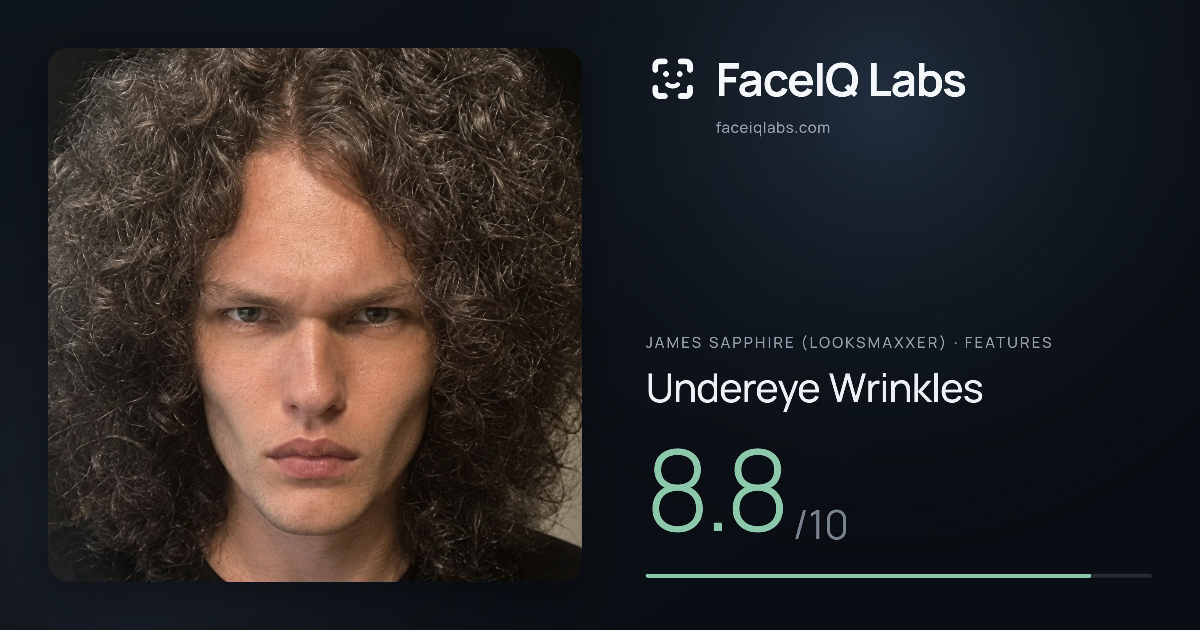 James Sapphire (Looksmaxxer) Undereye Wrinkles: 8.8/10, drawn on the photo