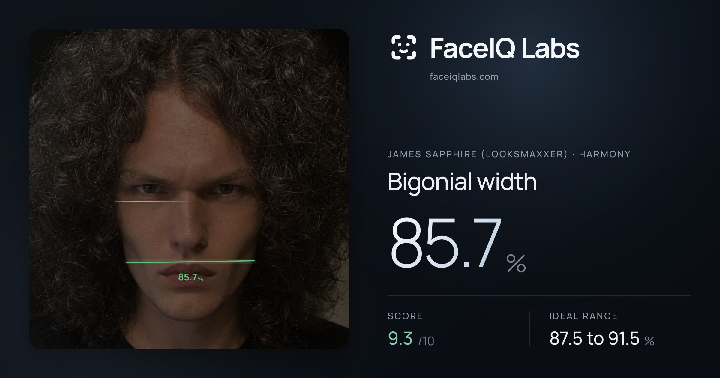 James Sapphire (Looksmaxxer) Bigonial width: 85.7%, drawn on the photo