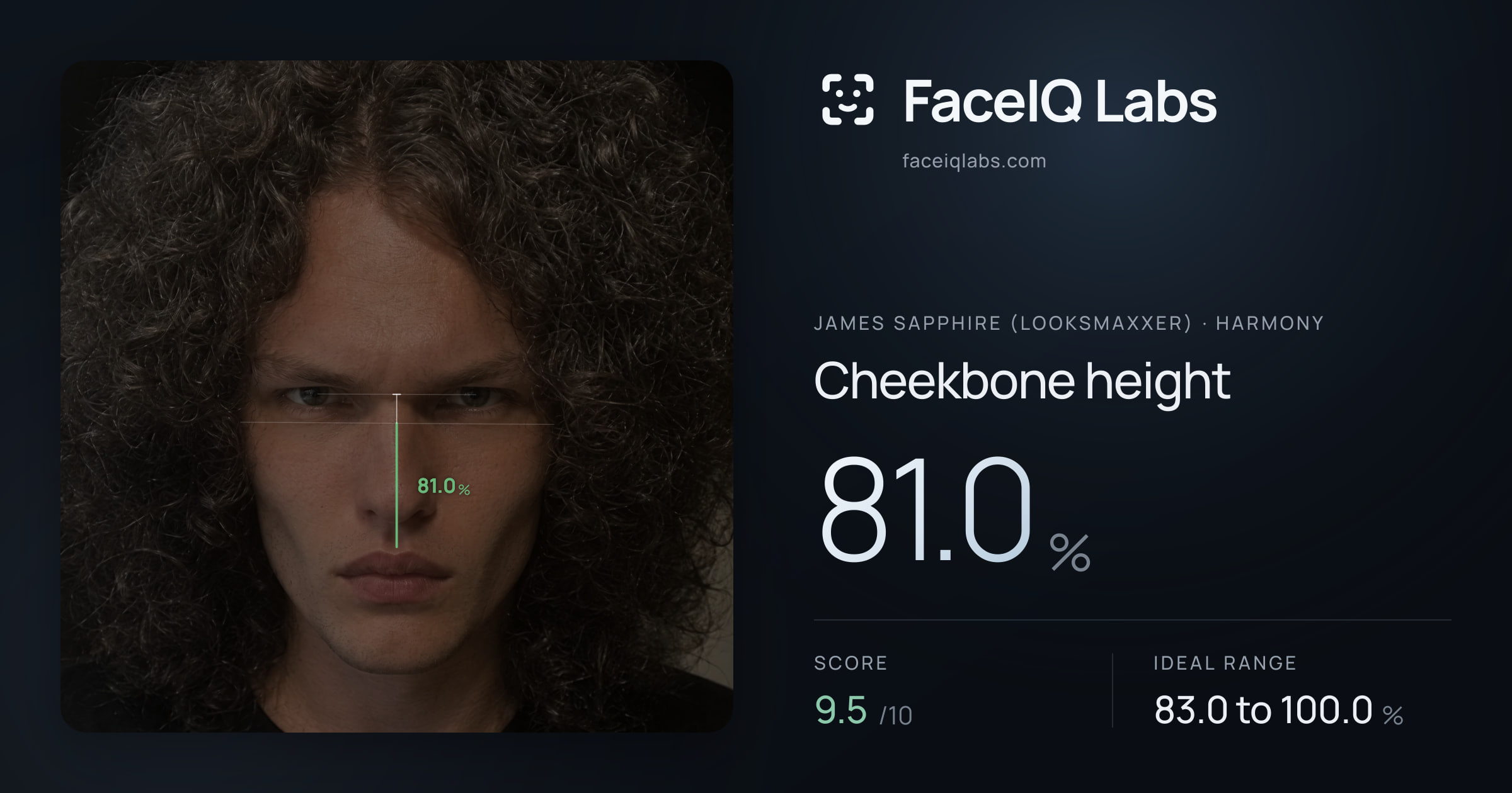 James Sapphire (Looksmaxxer) Cheekbone height: 81.0%, drawn on the photo