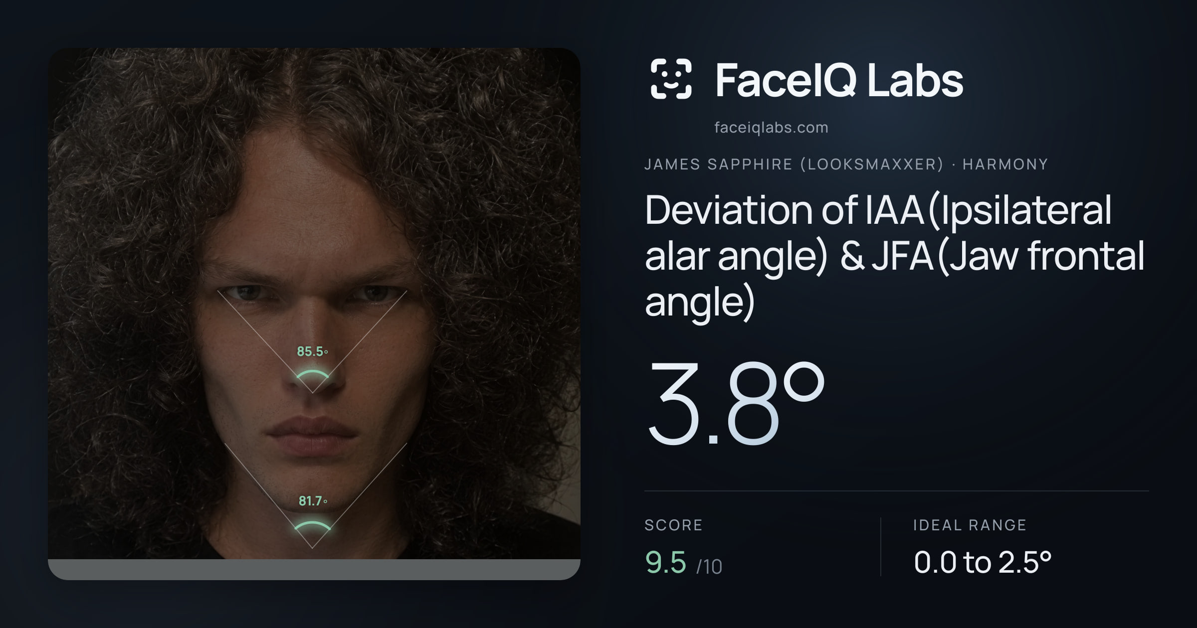 James Sapphire (Looksmaxxer) Deviation of IAA(Ipsilateral alar angle) & JFA(Jaw frontal angle): 3.8°, drawn on the photo
