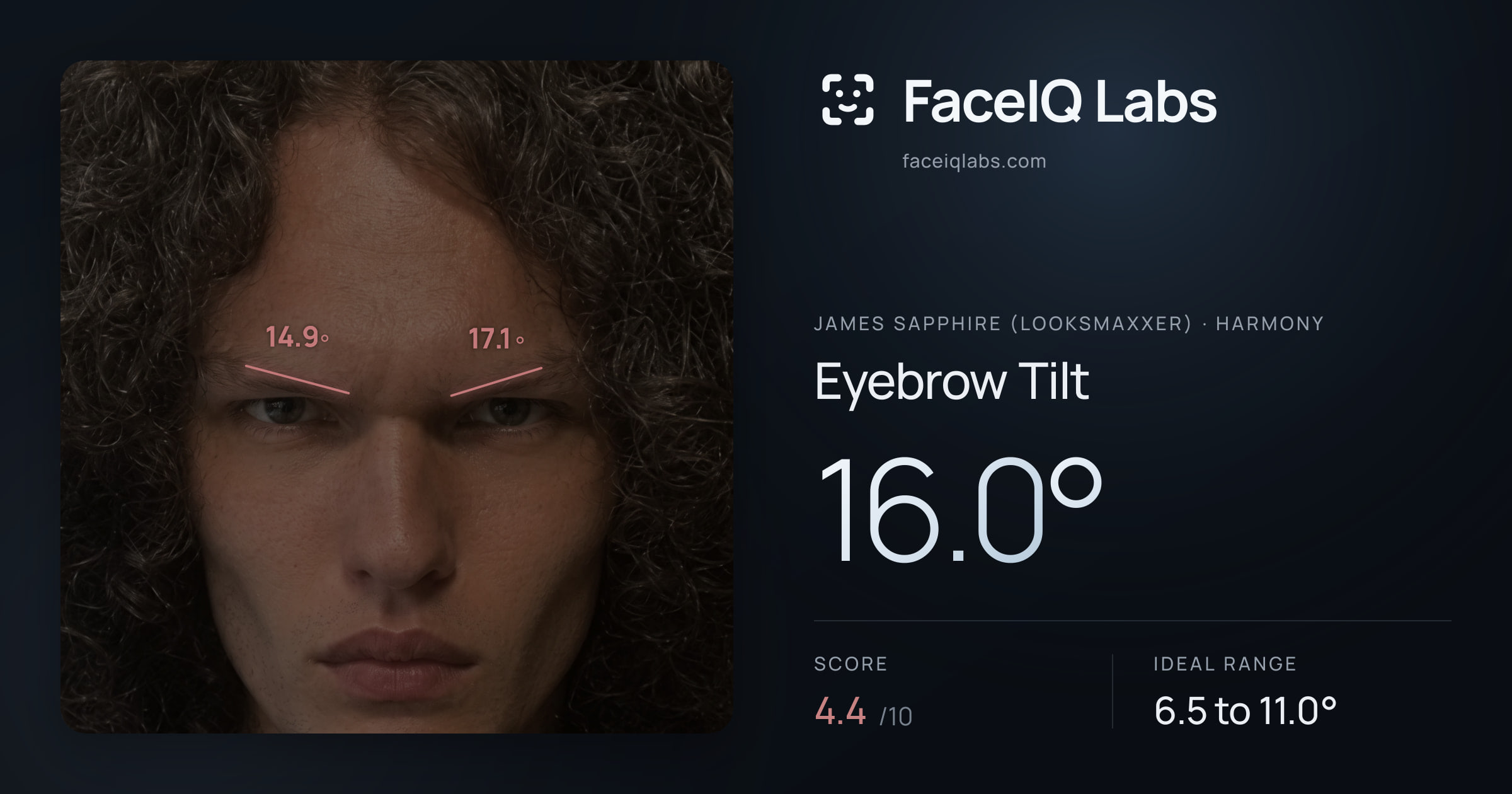 James Sapphire (Looksmaxxer) Eyebrow Tilt: 16.0°, drawn on the photo