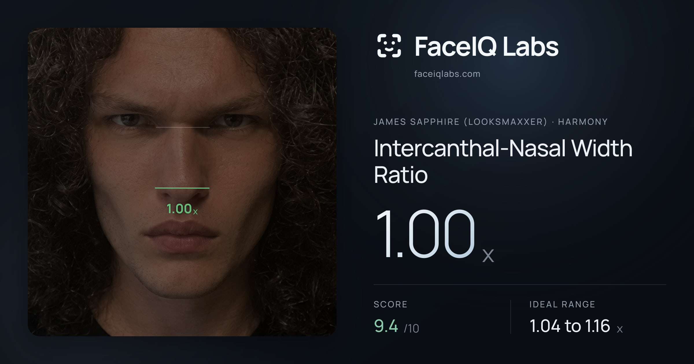 James Sapphire (Looksmaxxer) Intercanthal-Nasal Width Ratio: 1.00x, drawn on the photo