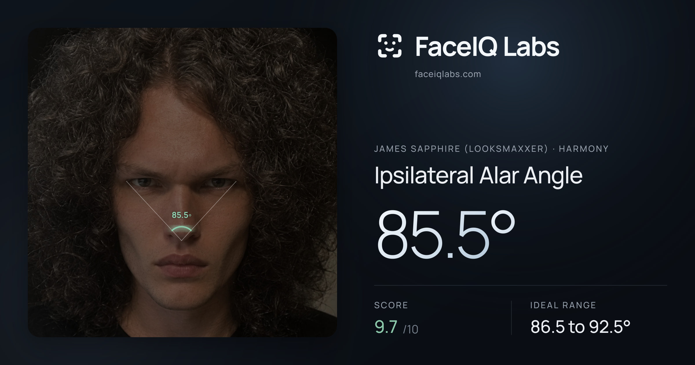 James Sapphire (Looksmaxxer) Ipsilateral Alar Angle: 85.5°, drawn on the photo