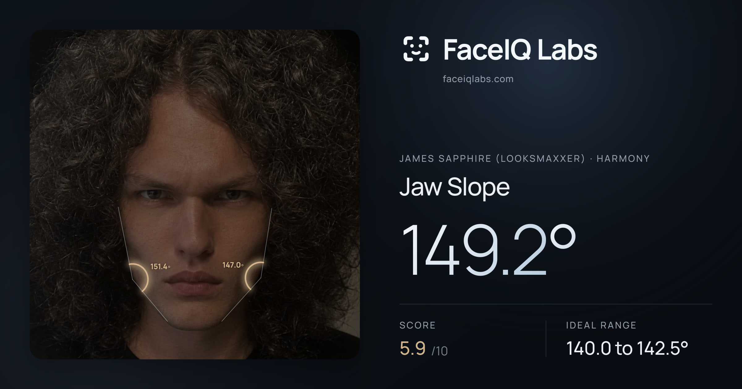 James Sapphire (Looksmaxxer) Jaw Slope: 149.2°, drawn on the photo