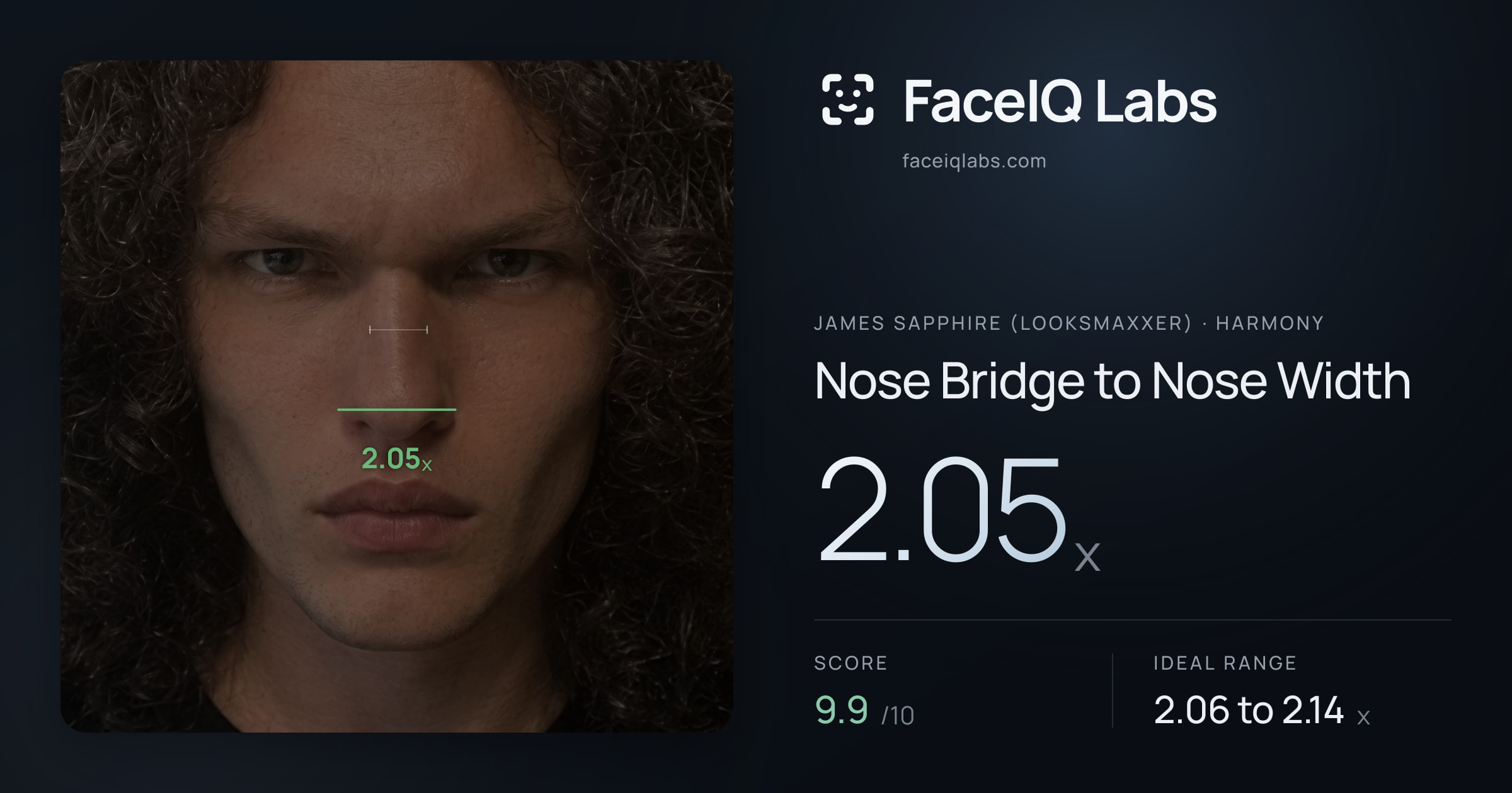 James Sapphire (Looksmaxxer) Nose Bridge to Nose Width: 2.05x, drawn on the photo