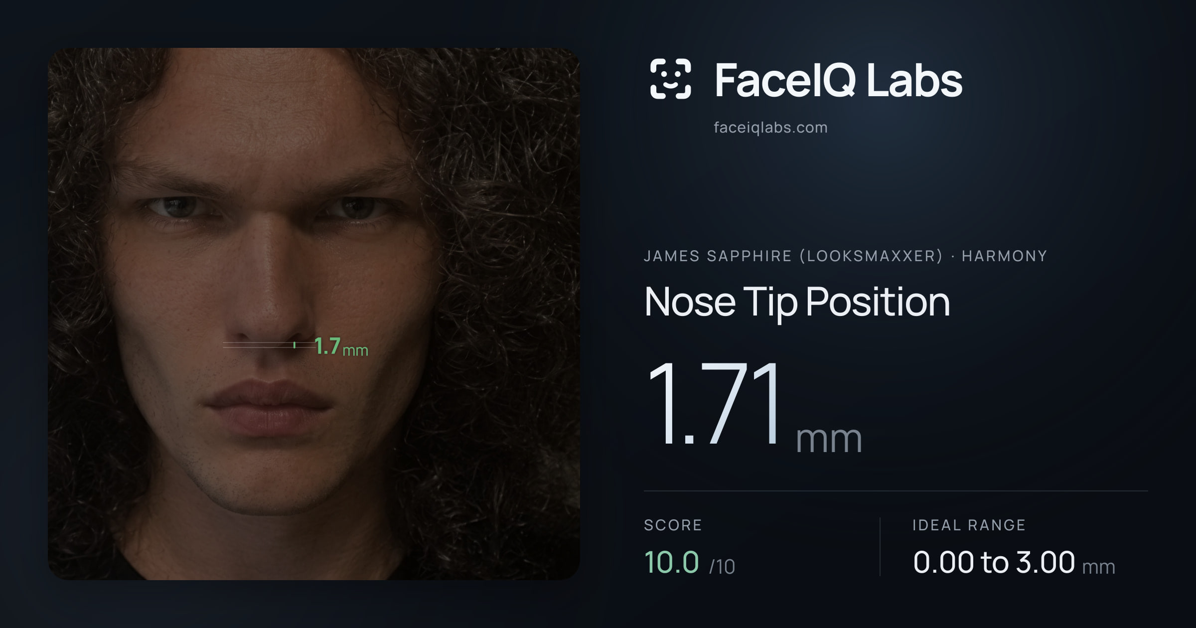 James Sapphire (Looksmaxxer) Nose Tip Position: 1.71mm, drawn on the photo