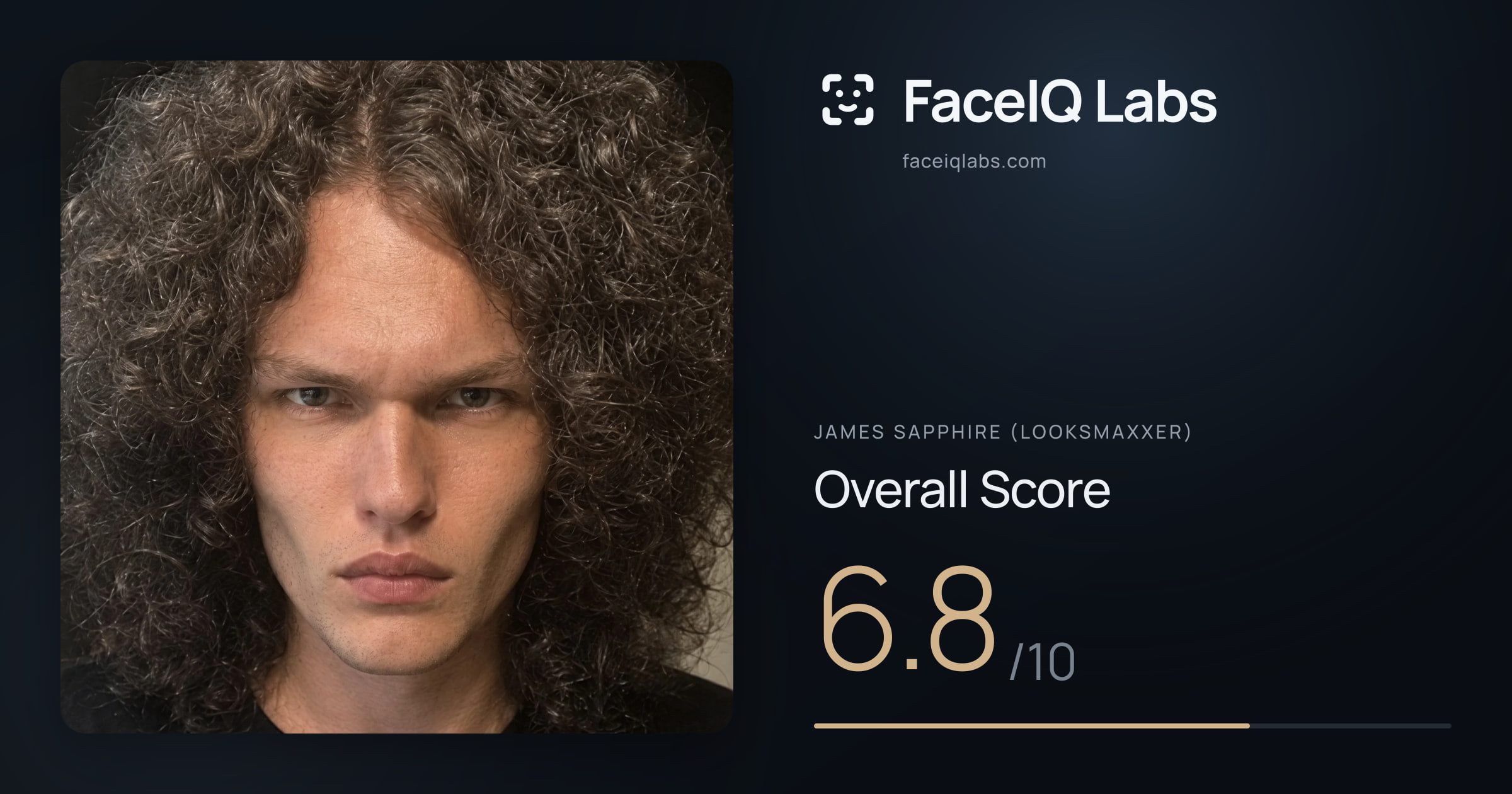 James Sapphire (Looksmaxxer) face rating: 6.8/10, with each section's score