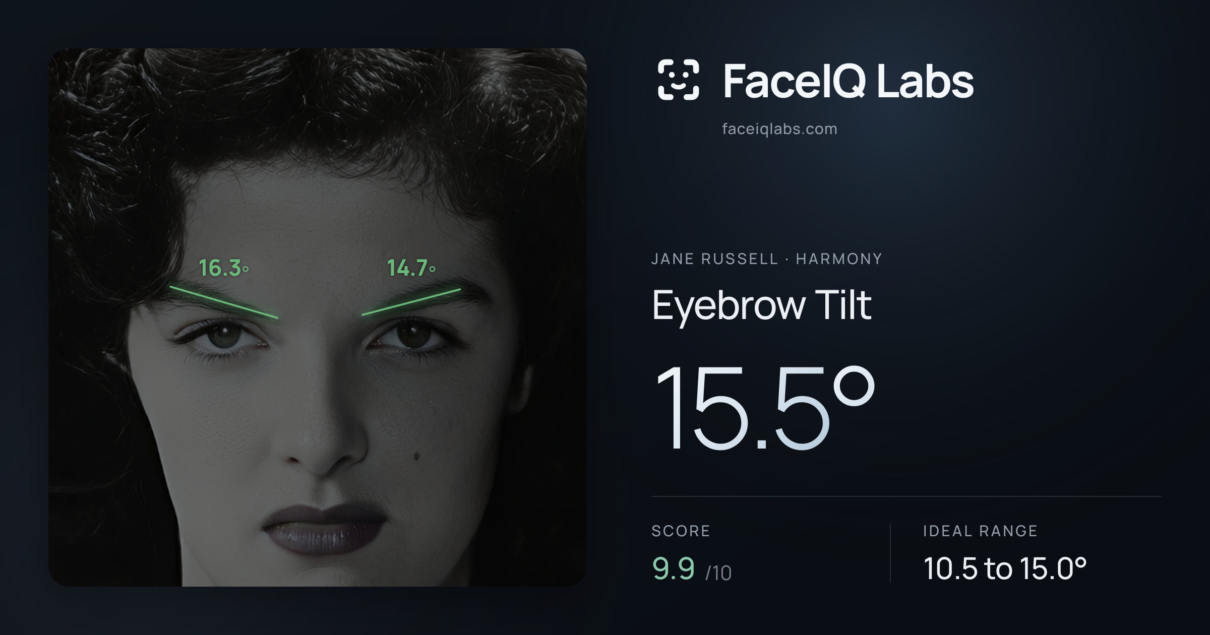 Jane Russell Eyebrow Tilt: 15.5°, drawn on the photo