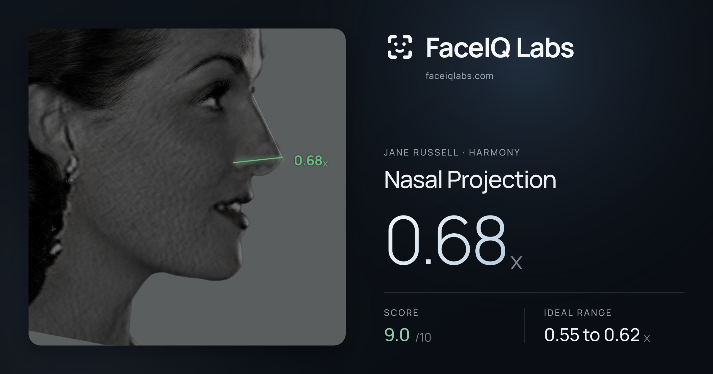 Jane Russell Nasal Projection: 0.68x, drawn on the photo