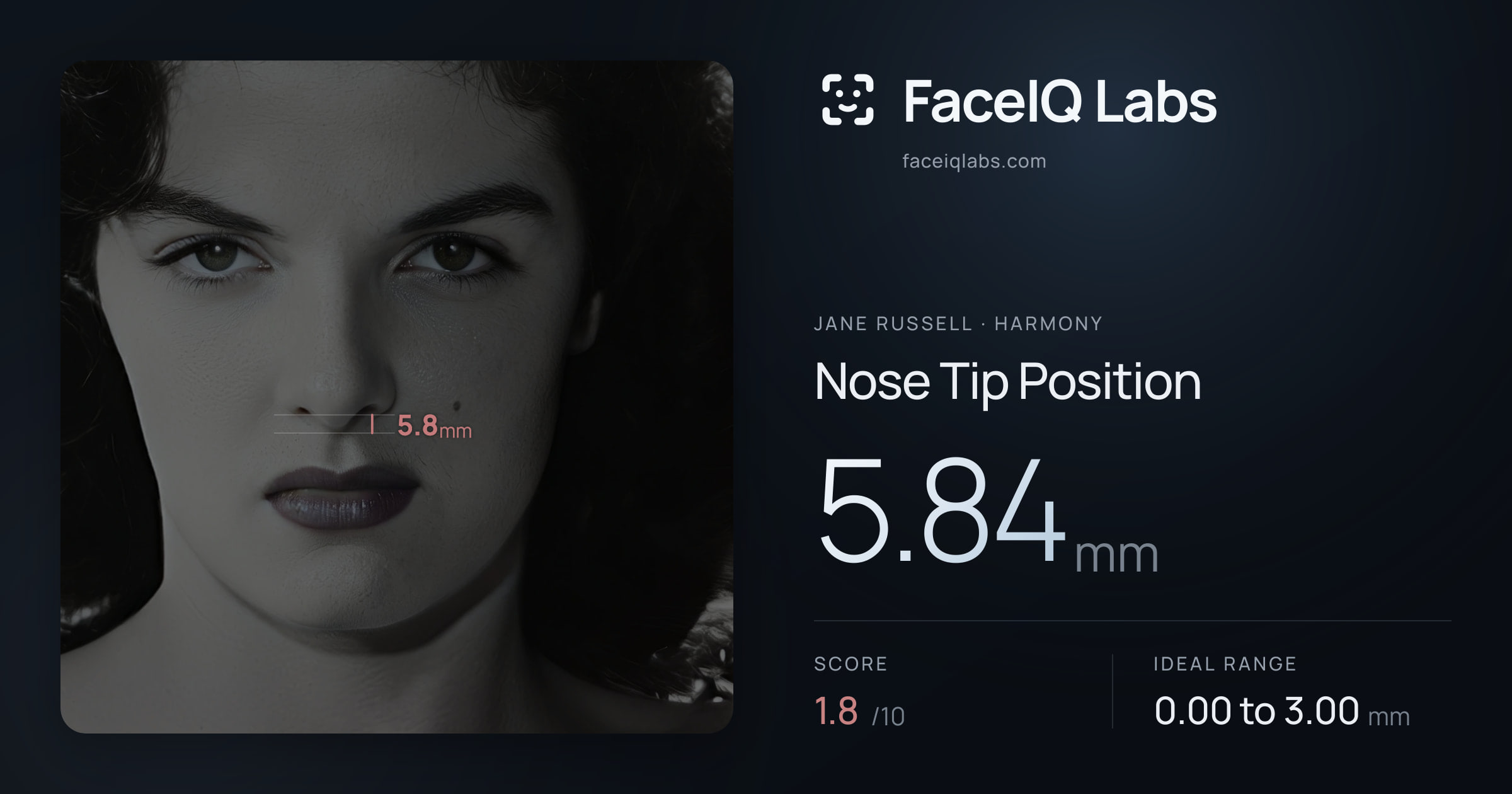 Jane Russell Nose Tip Position: 5.84mm, drawn on the photo