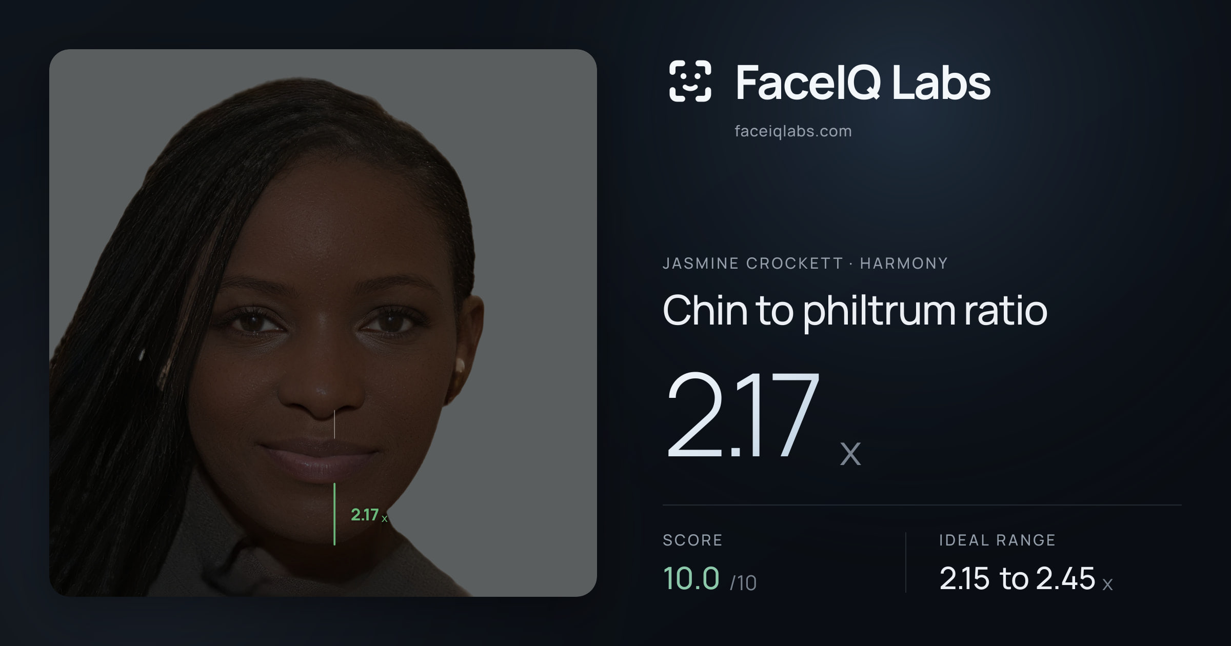 Jasmine Crockett Chin to philtrum ratio: 2.17x, drawn on the photo
