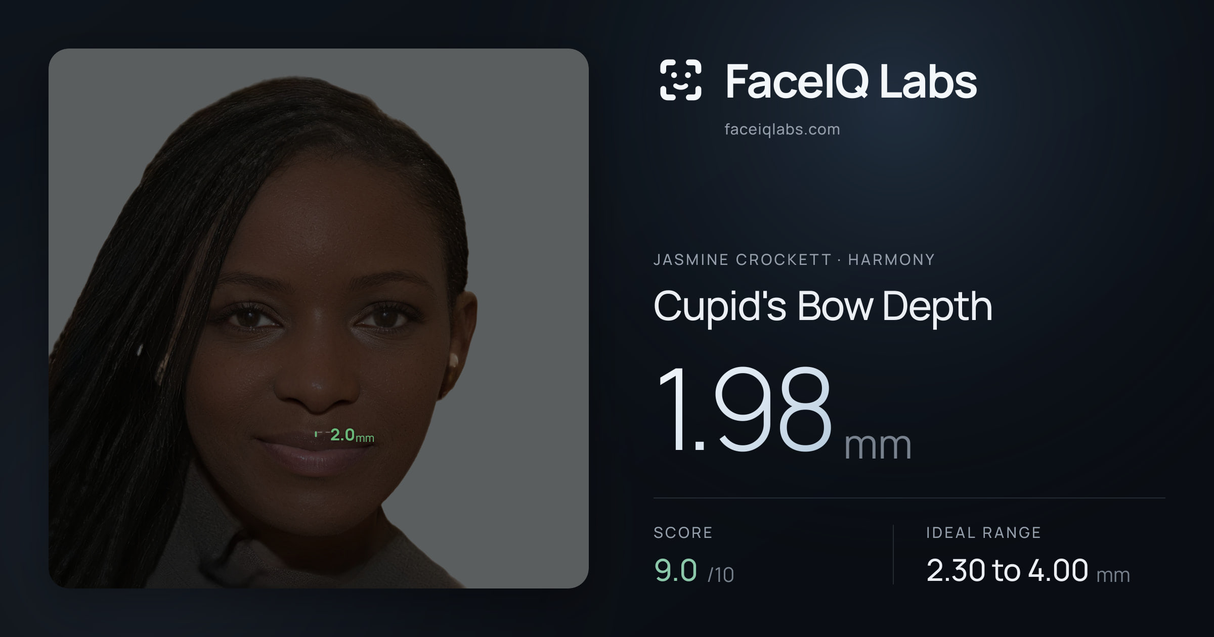 Jasmine Crockett Cupid's Bow Depth: 1.98mm, drawn on the photo