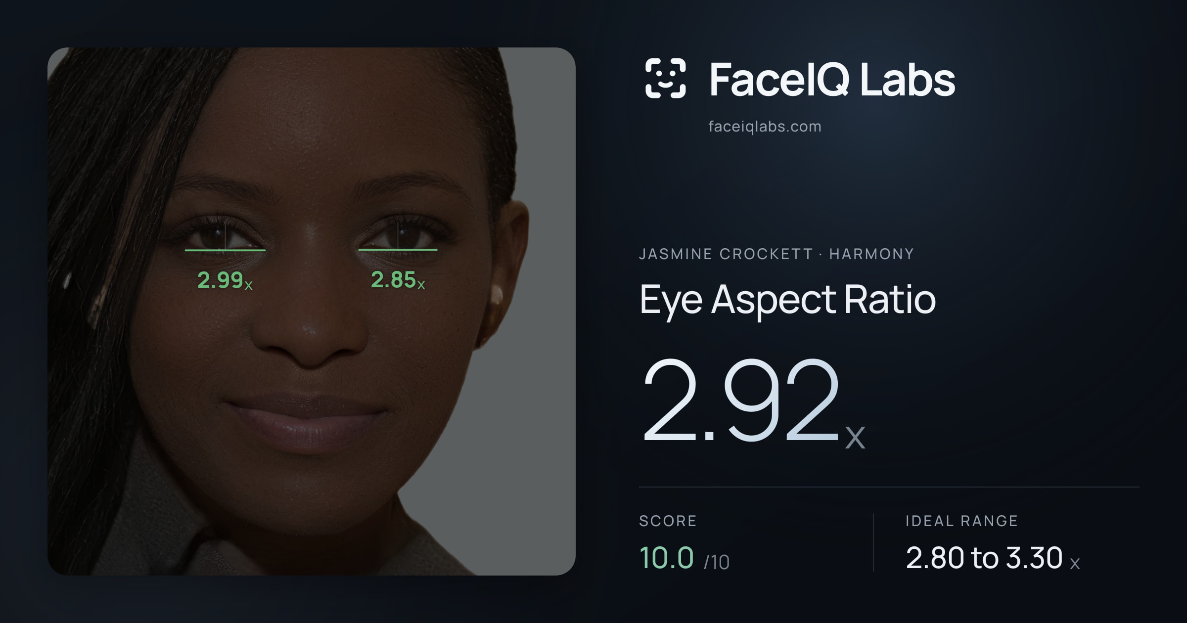 Jasmine Crockett Eye Aspect Ratio: 2.92x, drawn on the photo