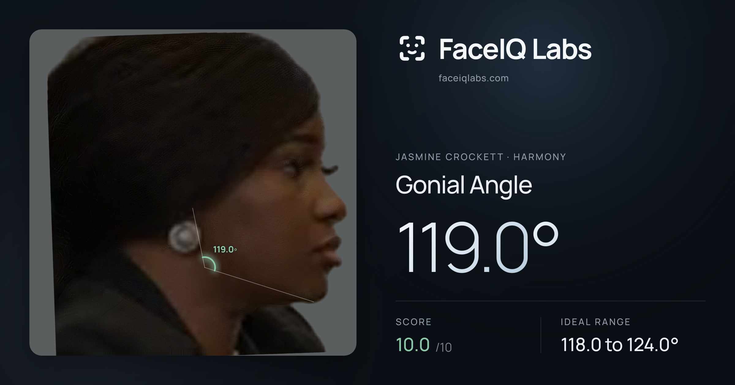 Jasmine Crockett Gonial Angle: 119.0°, drawn on the photo