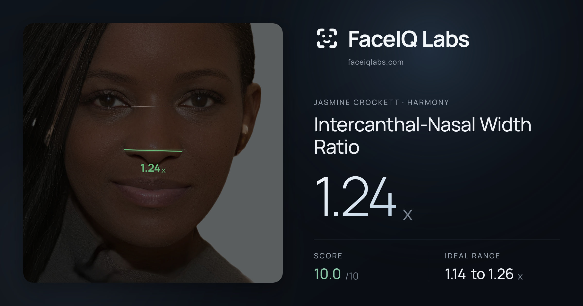 Jasmine Crockett Intercanthal-Nasal Width Ratio: 1.24x, drawn on the photo