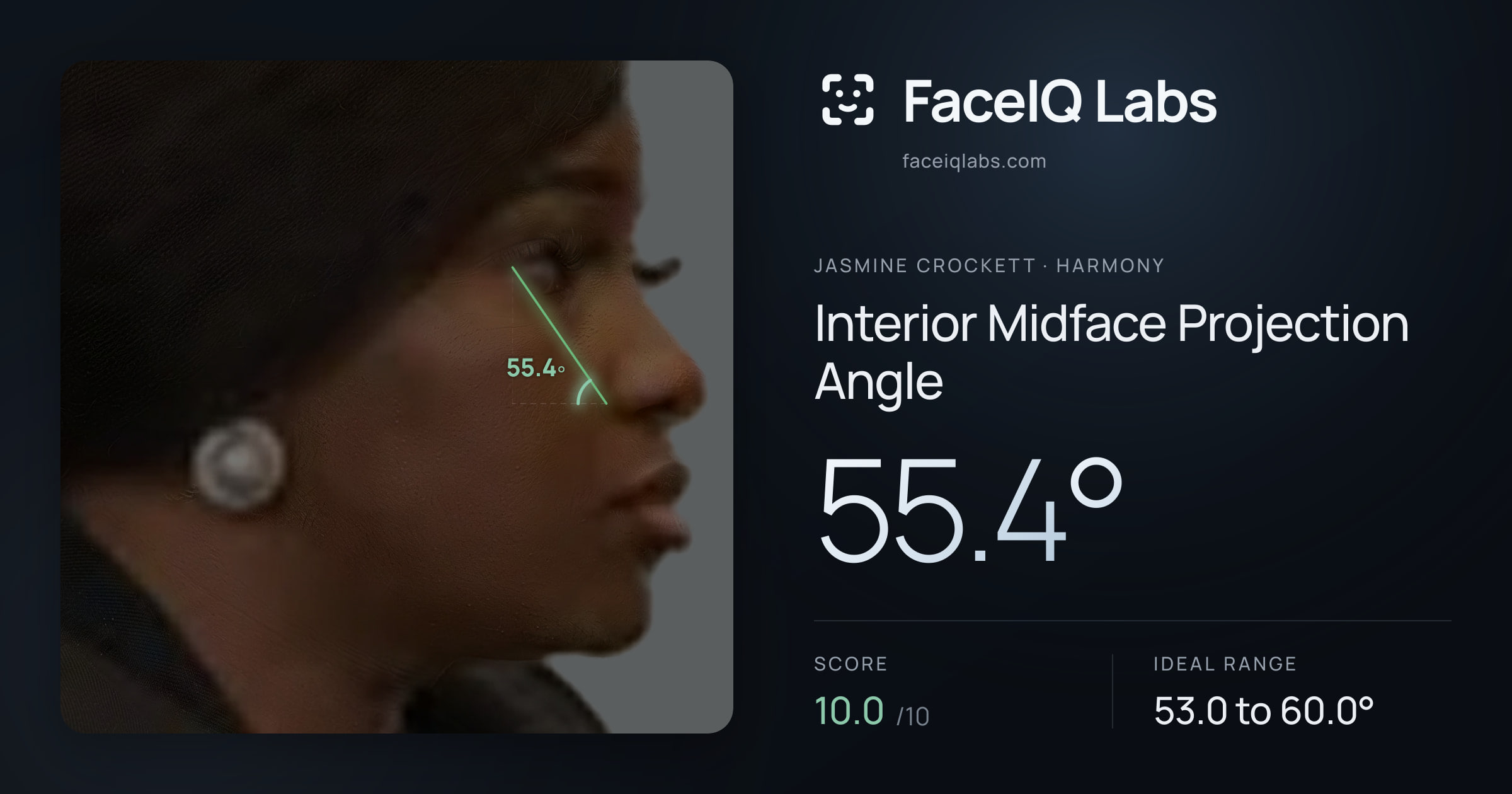 Jasmine Crockett Interior Midface Projection Angle: 55.4°, drawn on the photo