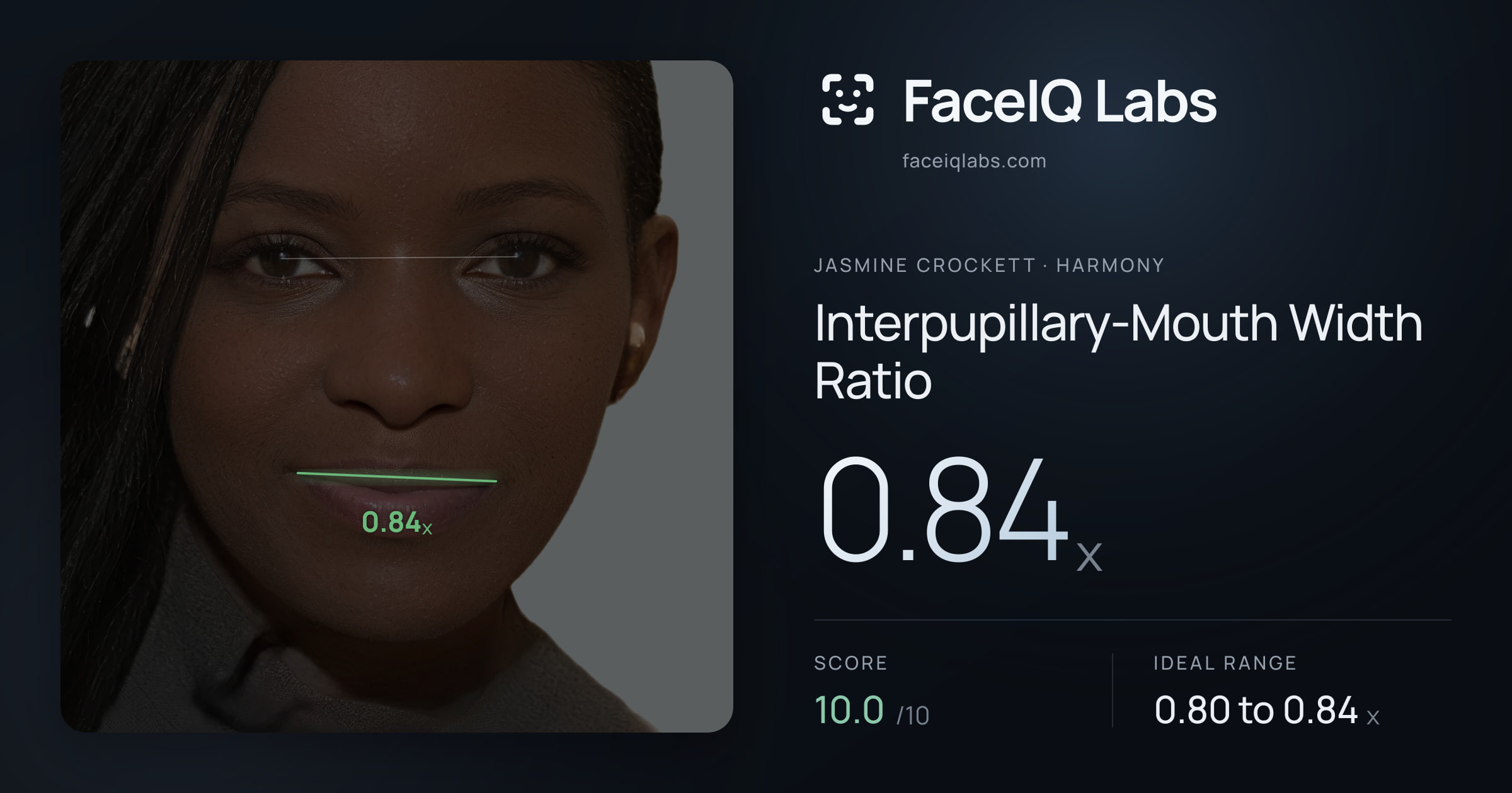 Jasmine Crockett Interpupillary-Mouth Width Ratio: 0.84x, drawn on the photo