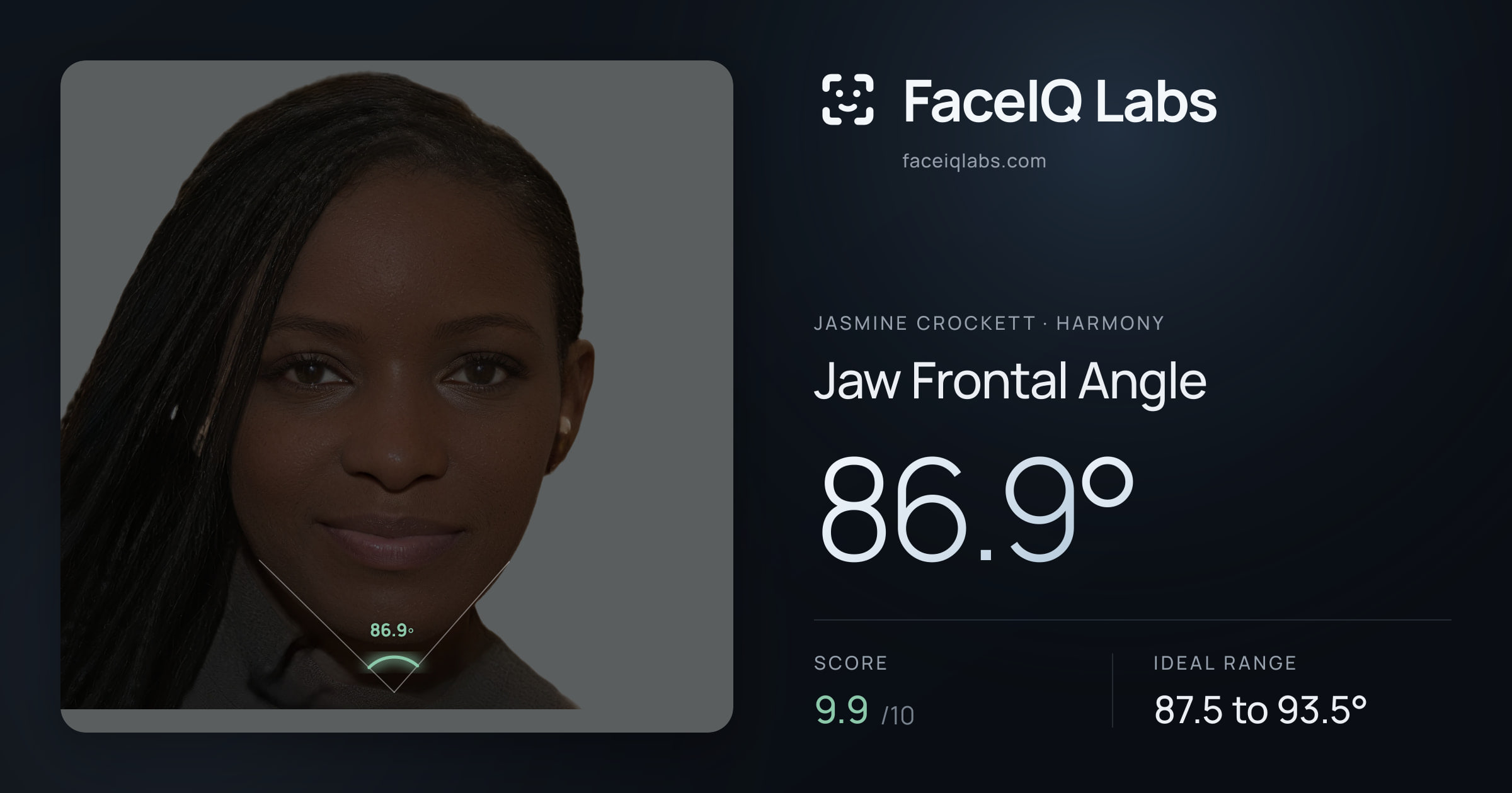 Jasmine Crockett Jaw Frontal Angle: 86.9°, drawn on the photo