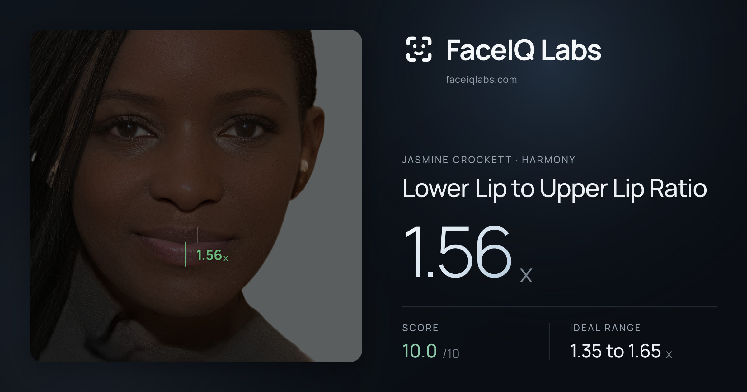 Jasmine Crockett Lower Lip to Upper Lip Ratio: 1.56x, drawn on the photo