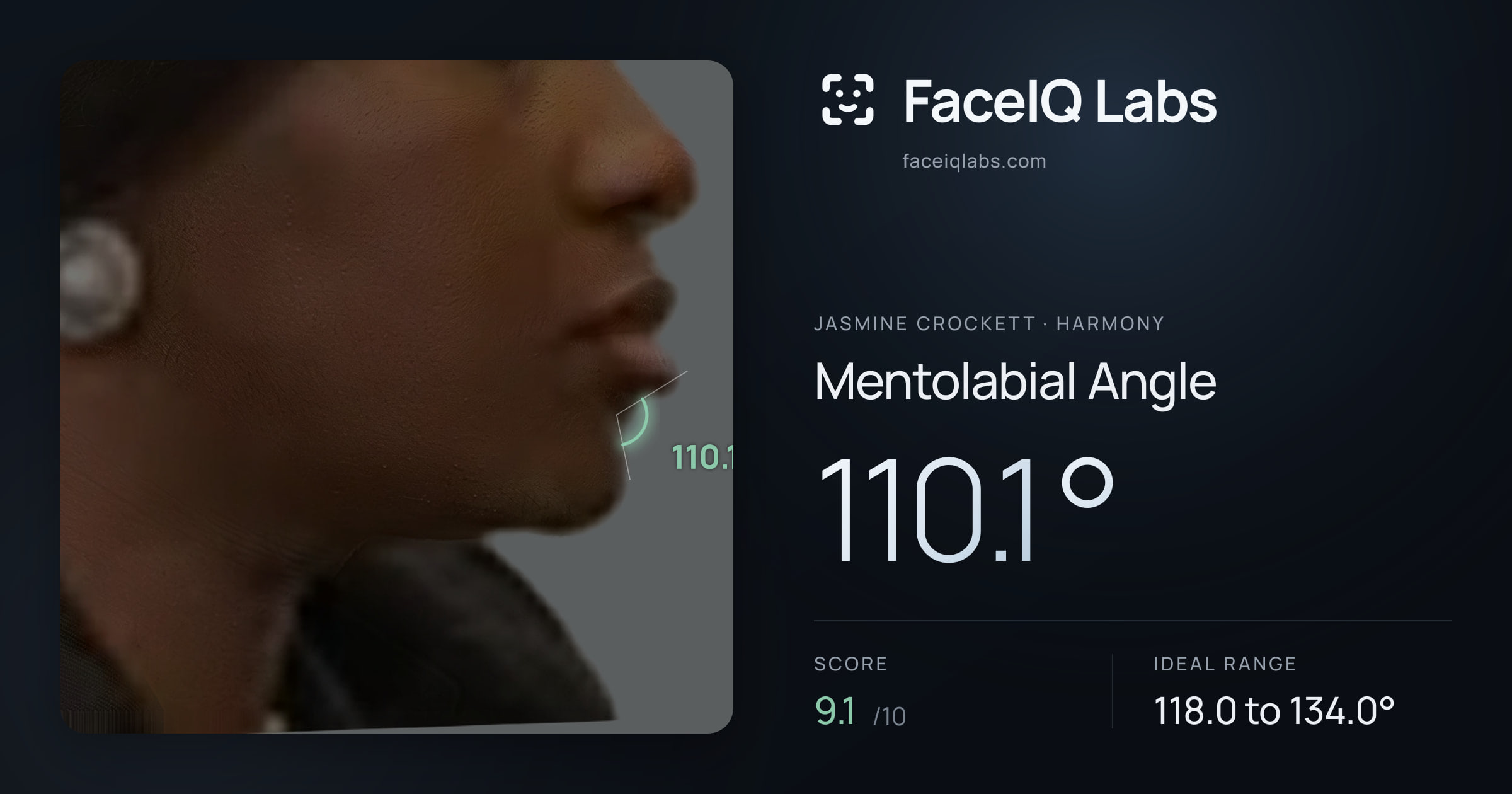 Jasmine Crockett Mentolabial Angle: 110.1°, drawn on the photo