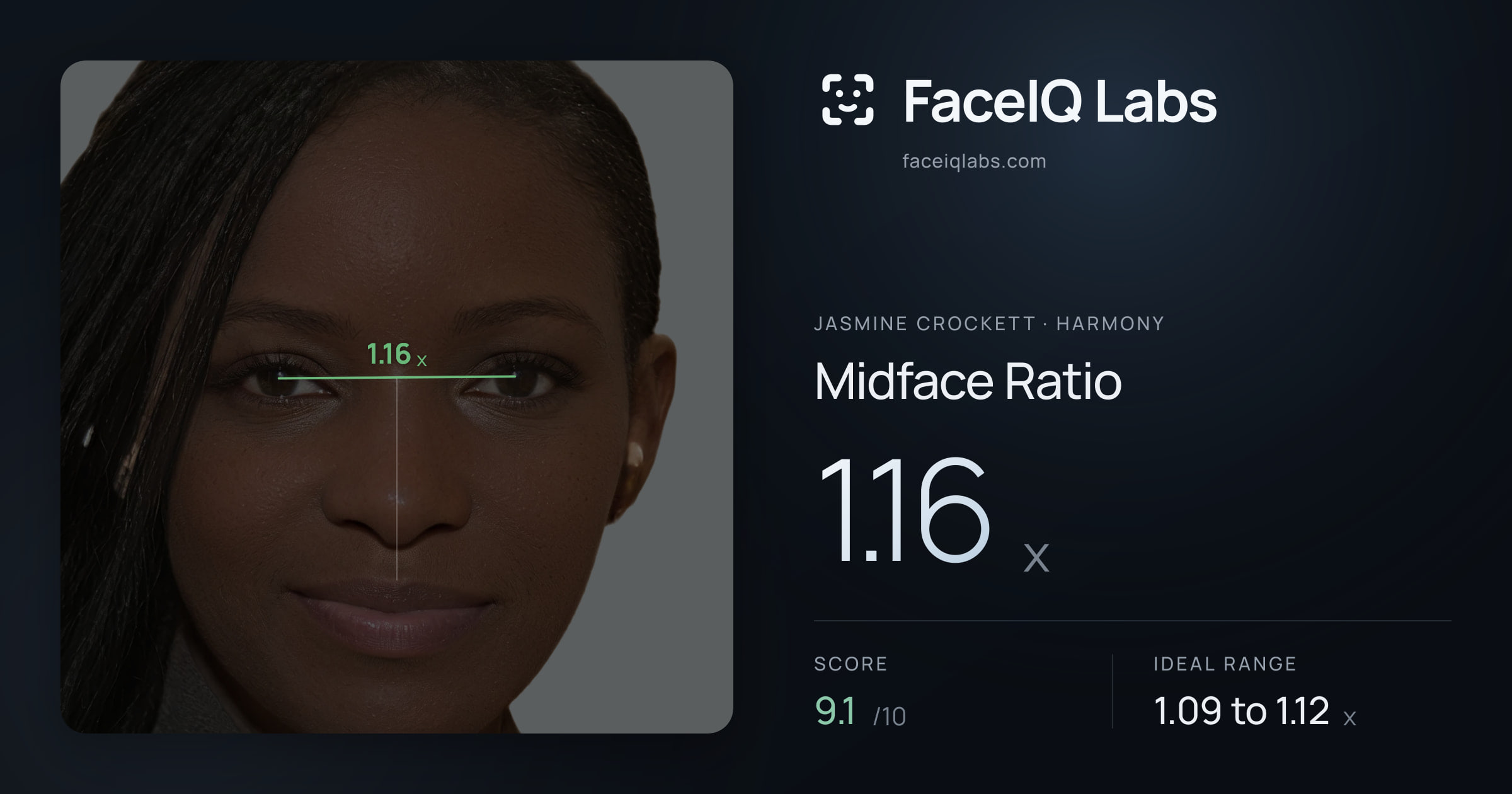 Jasmine Crockett Midface Ratio: 1.16x, drawn on the photo
