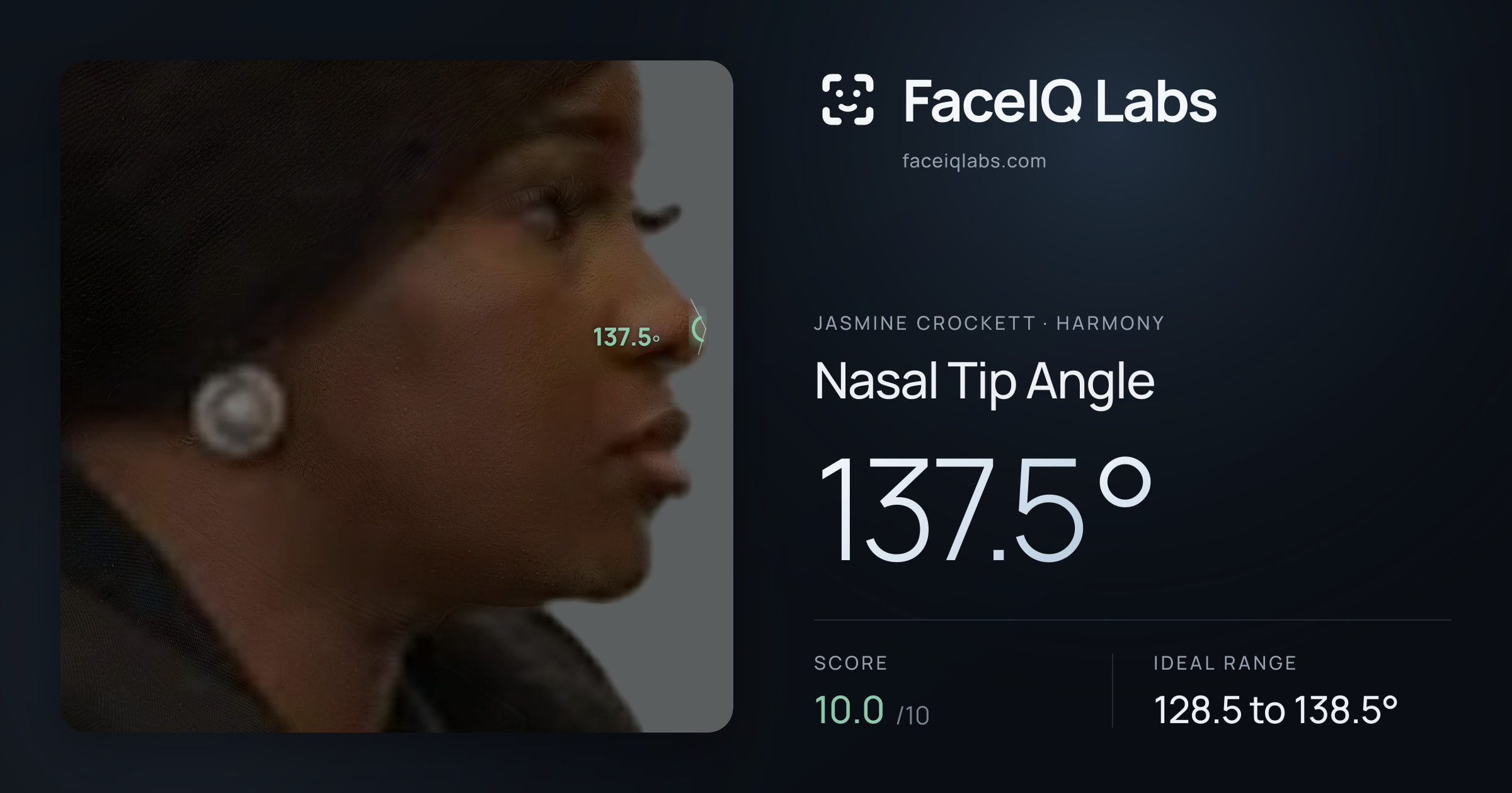 Jasmine Crockett Nasal Tip Angle: 137.5°, drawn on the photo