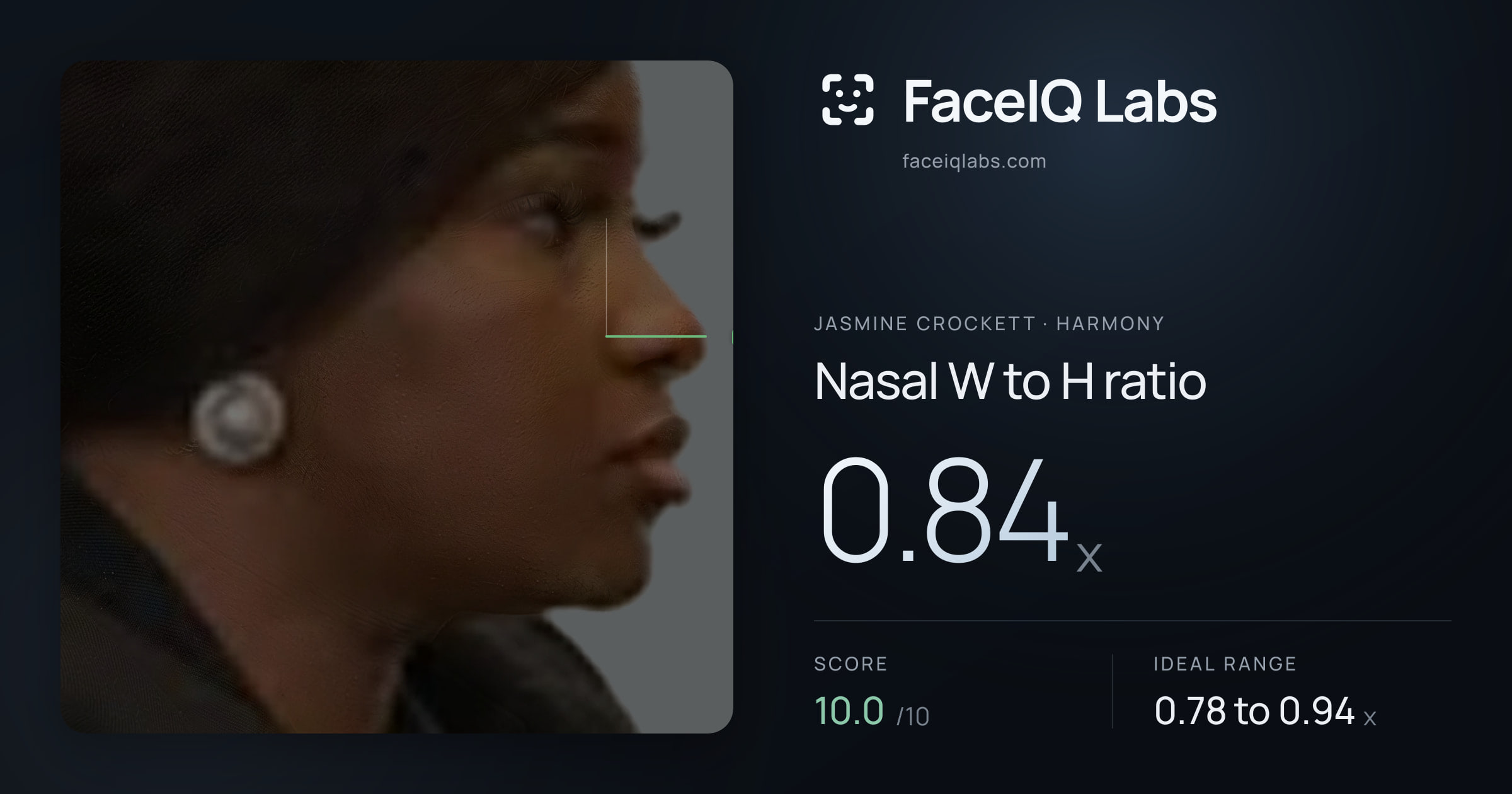 Jasmine Crockett Nasal W to H ratio: 0.84x, drawn on the photo