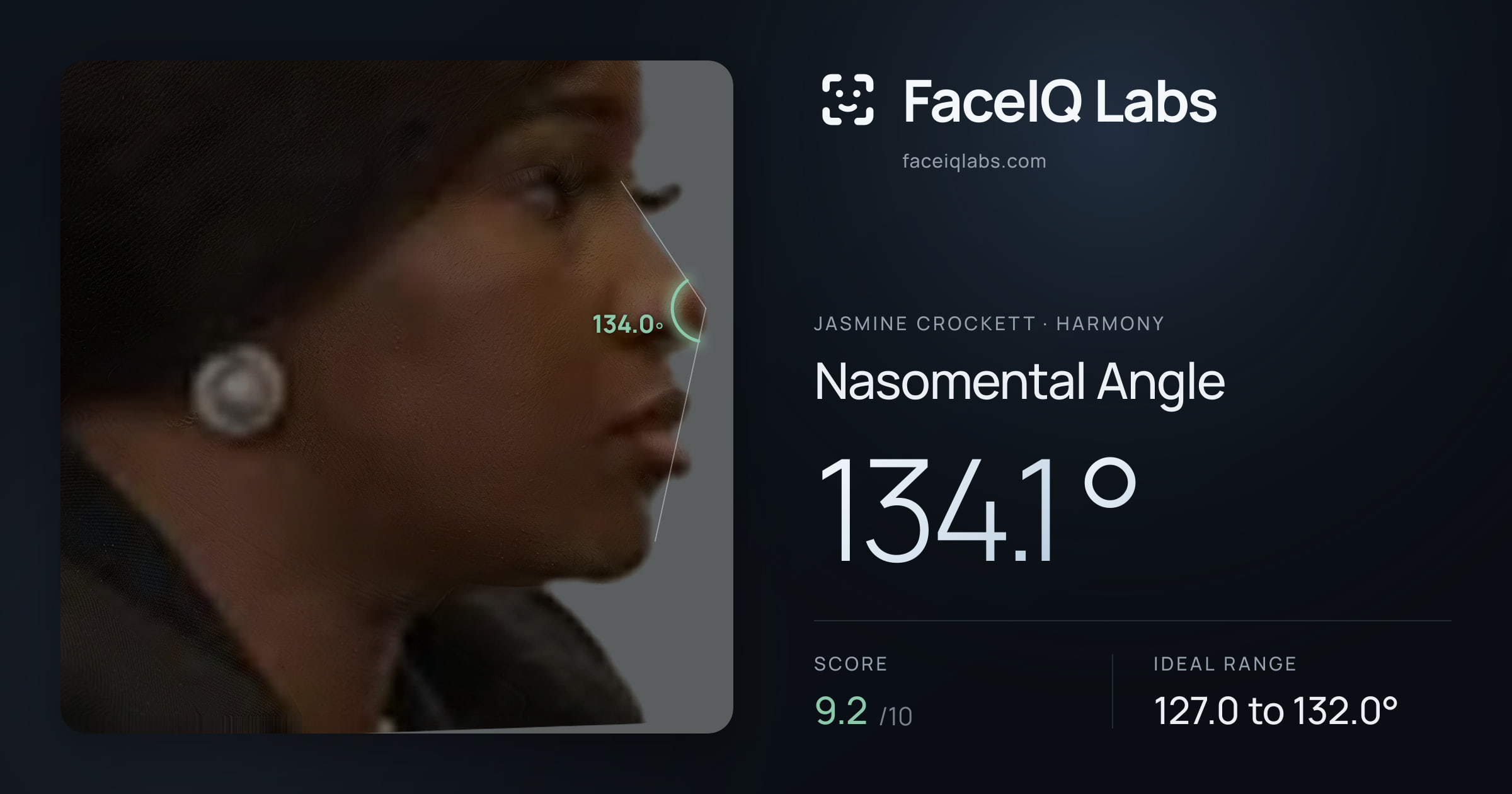 Jasmine Crockett Nasomental Angle: 134.1°, drawn on the photo