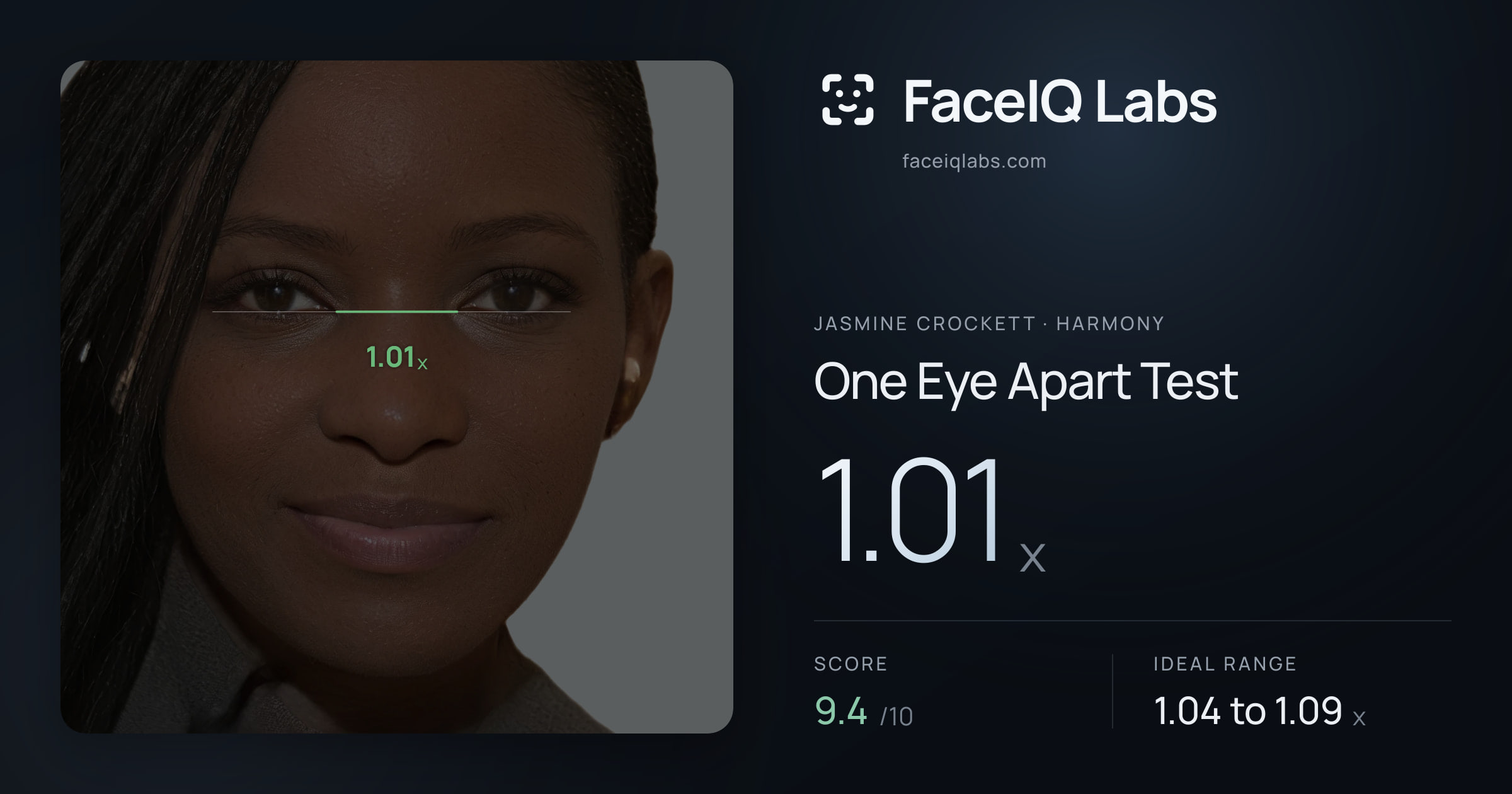 Jasmine Crockett One Eye Apart Test: 1.01x, drawn on the photo
