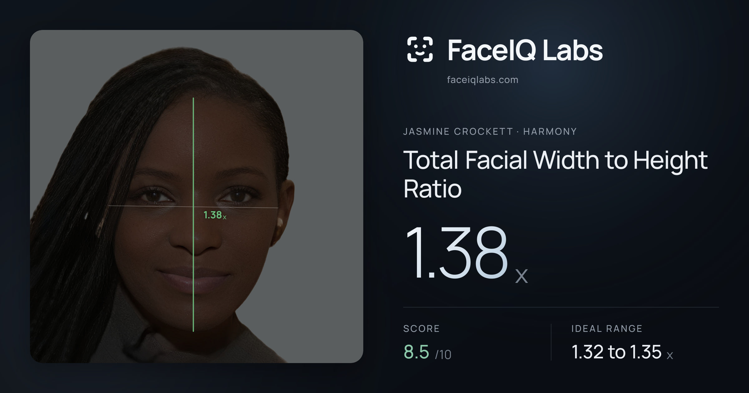 Jasmine Crockett Total Facial Width to Height Ratio: 1.38x, drawn on the photo