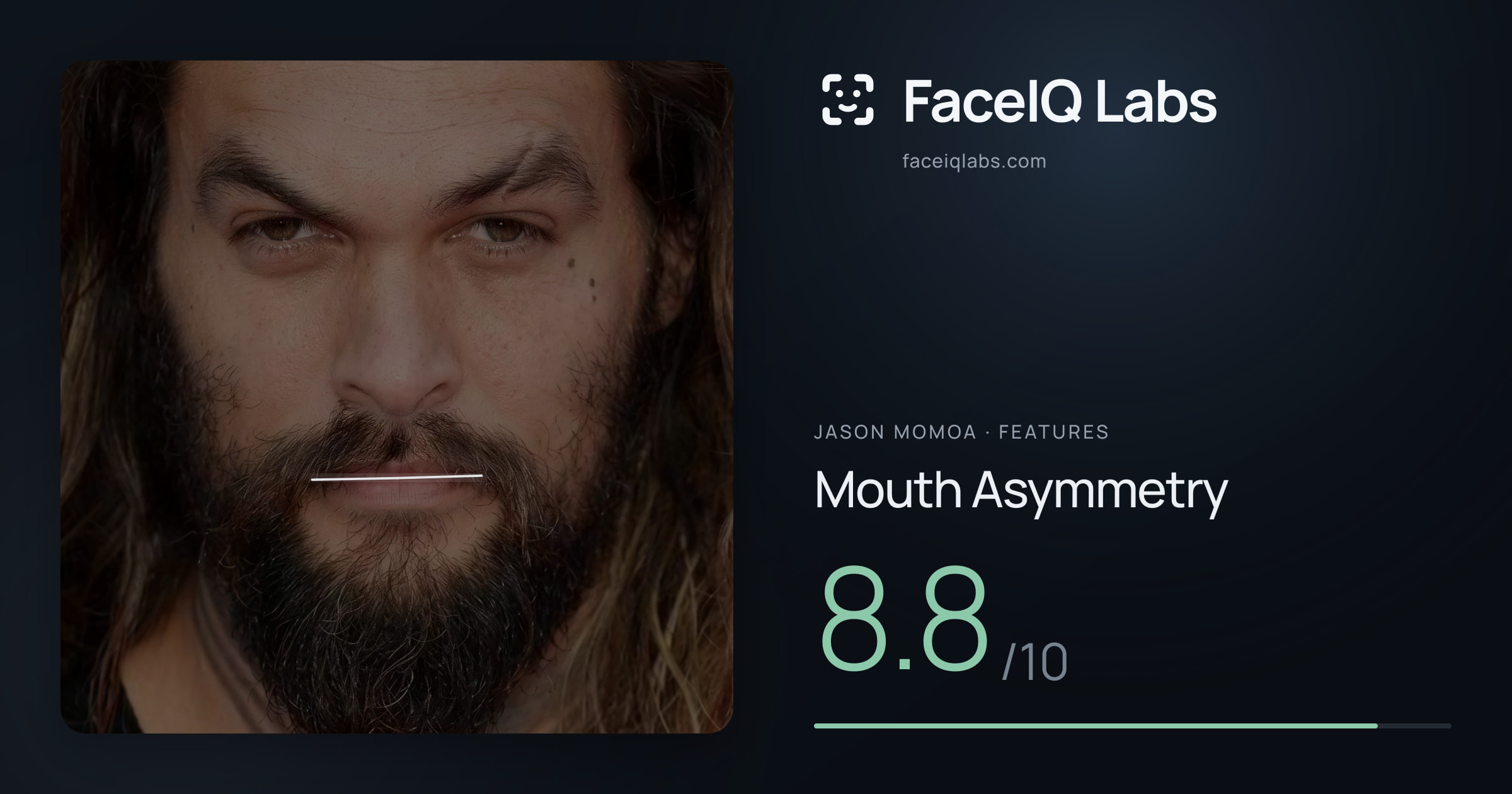 Jason Momoa Mouth Asymmetry: 8.8/10, drawn on the photo