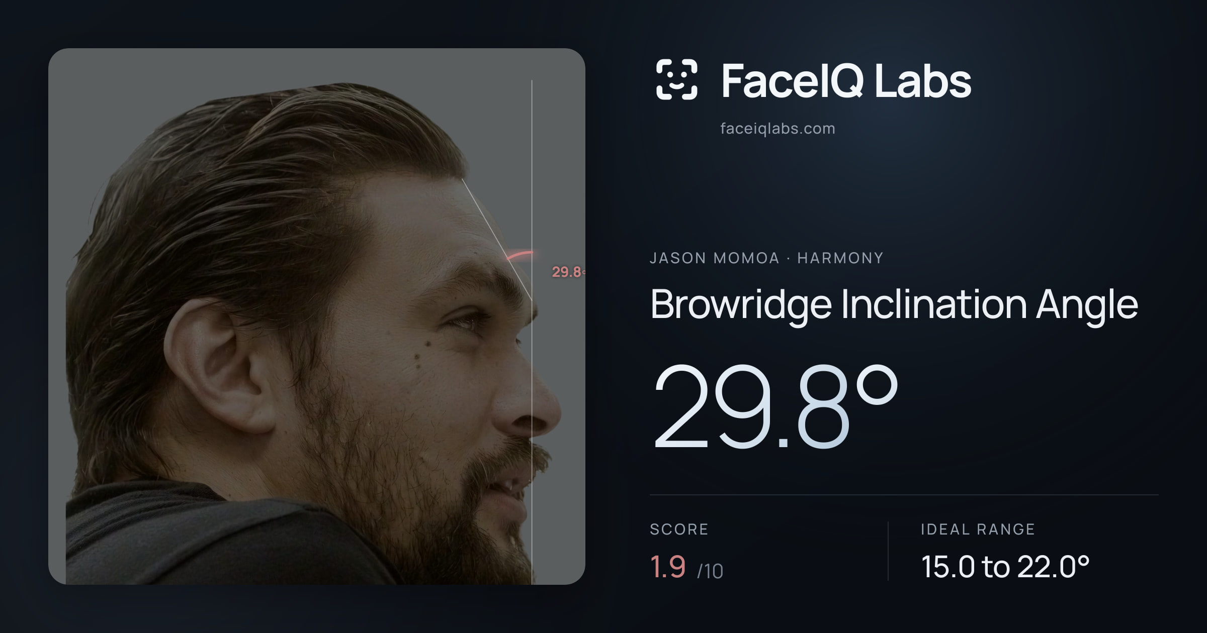 Jason Momoa Browridge Inclination Angle: 29.8°, drawn on the photo