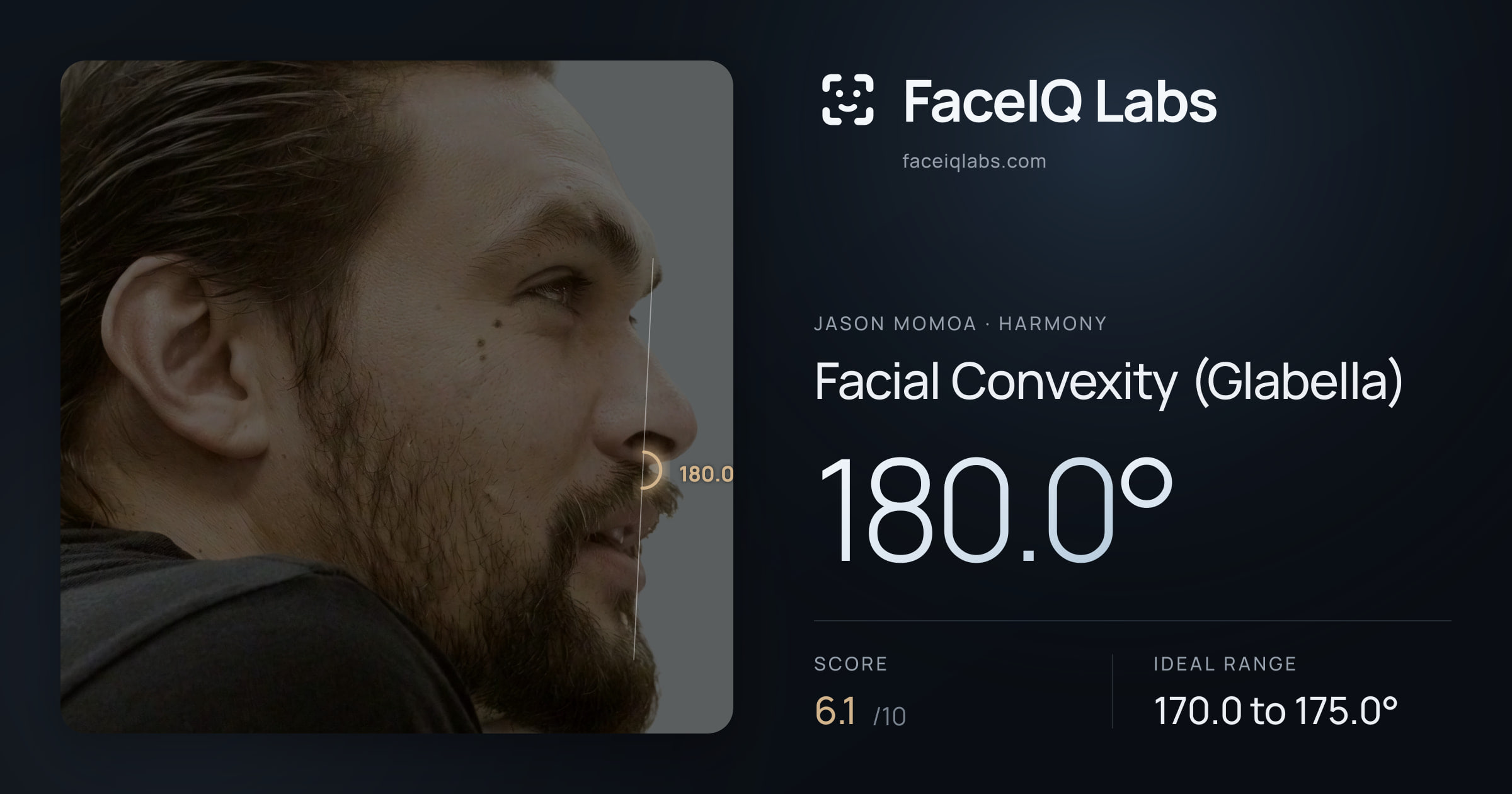 Jason Momoa Facial Convexity (Glabella): 180.0°, drawn on the photo