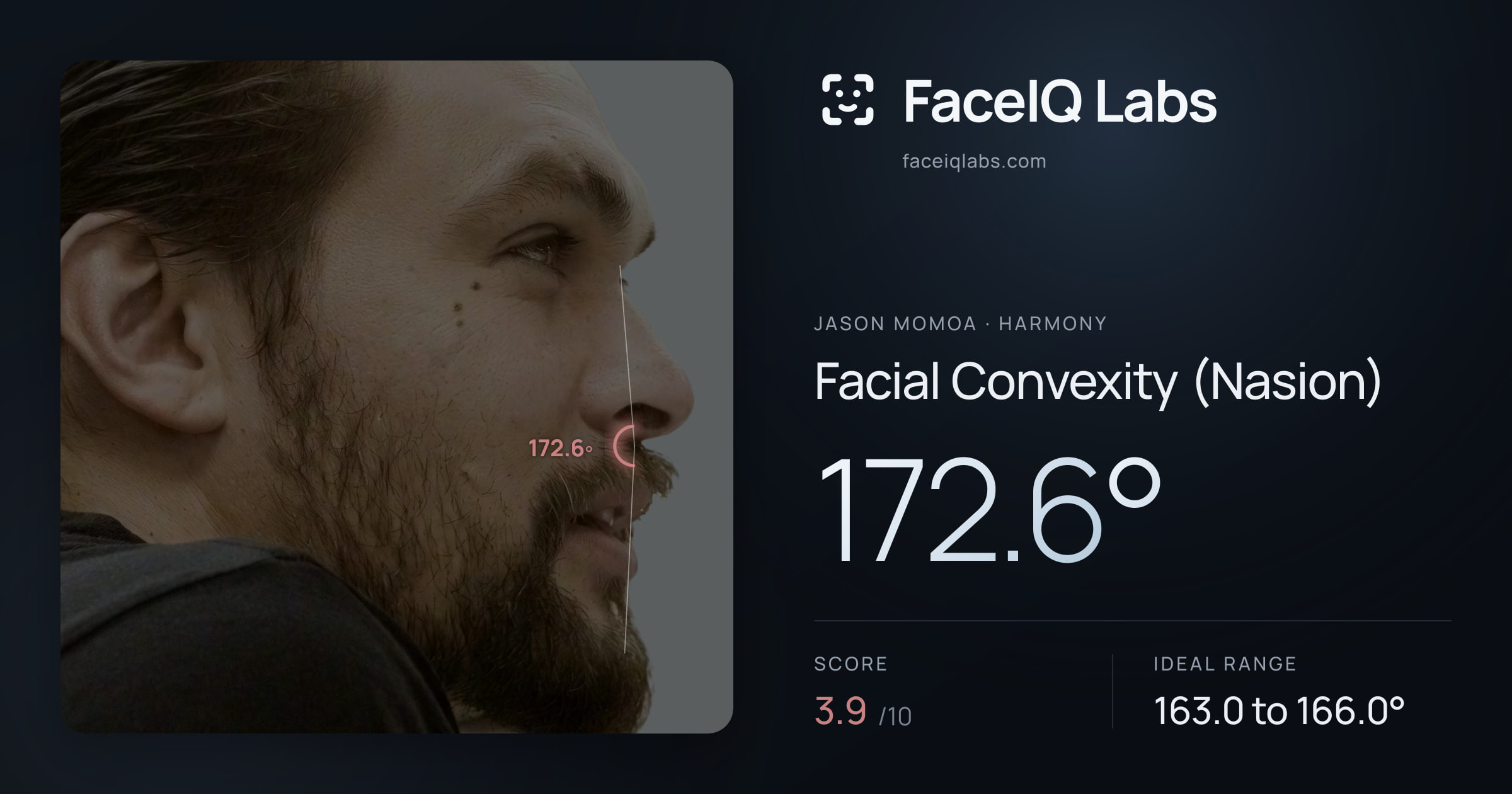 Jason Momoa Facial Convexity (Nasion): 172.6°, drawn on the photo