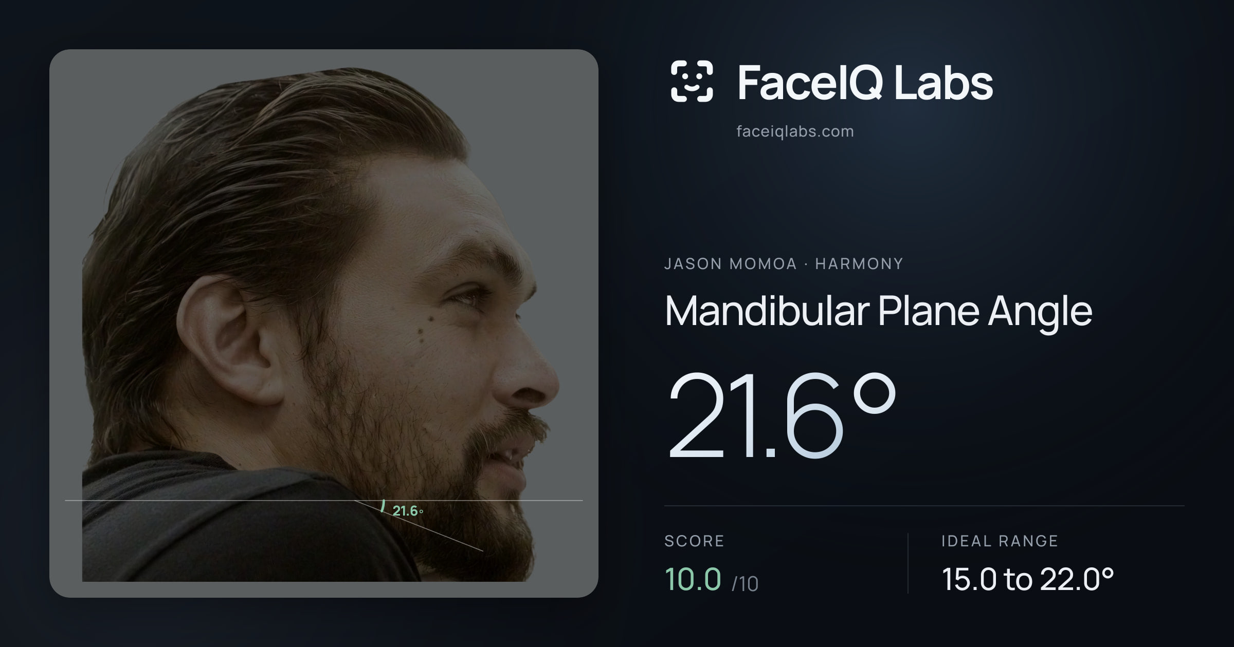 Jason Momoa Mandibular Plane Angle: 31.8°, drawn on the photo
