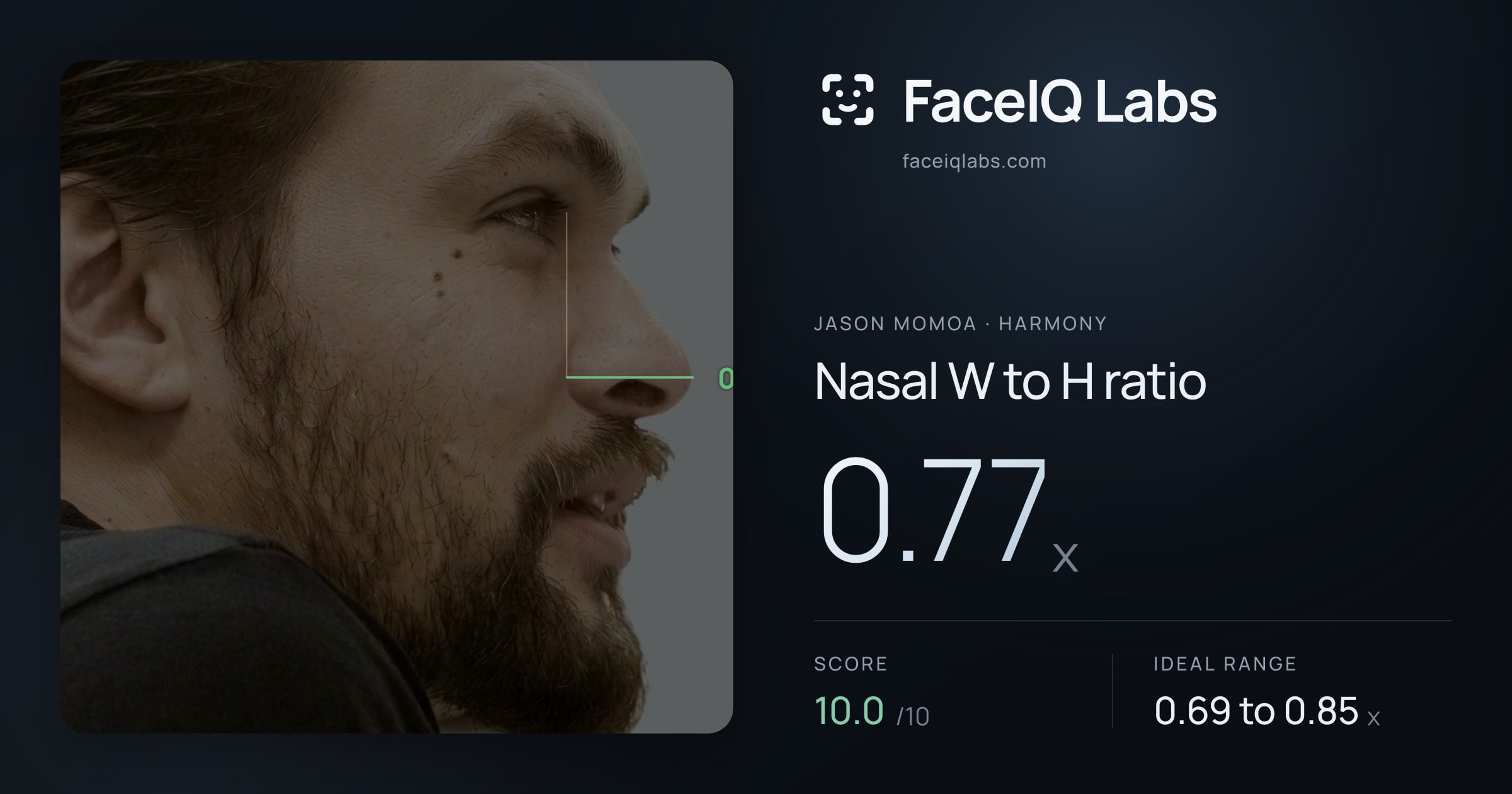 Jason Momoa Nasal W to H ratio: 0.77x, drawn on the photo