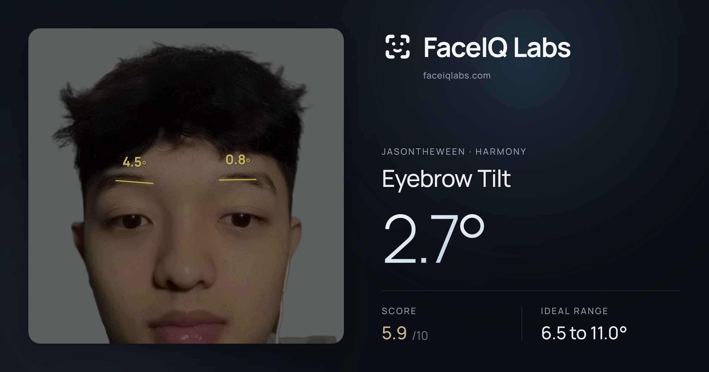 Jasontheween Eyebrow Tilt: 2.7°, drawn on the photo