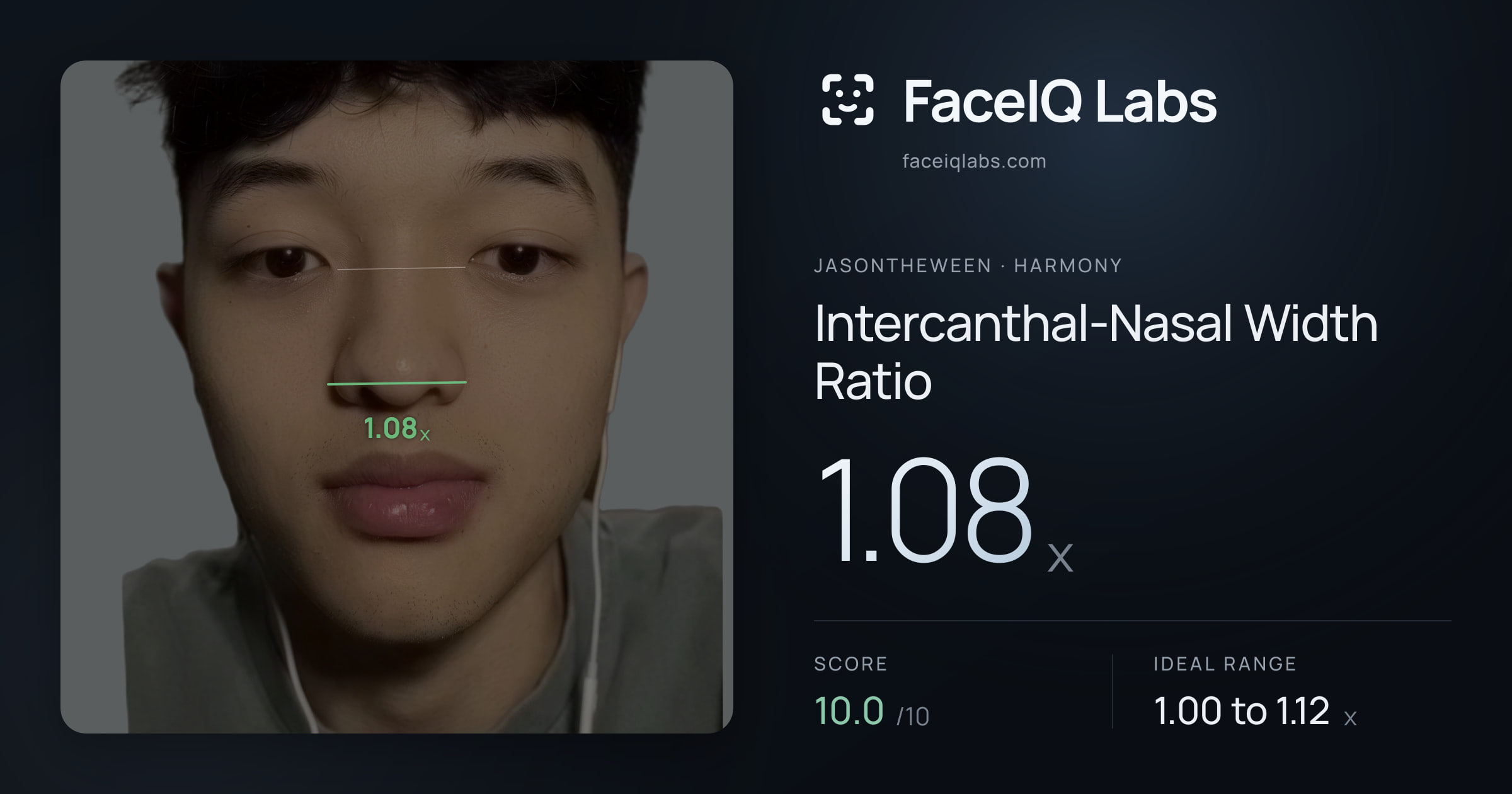 Jasontheween Intercanthal-Nasal Width Ratio: 1.08x, drawn on the photo