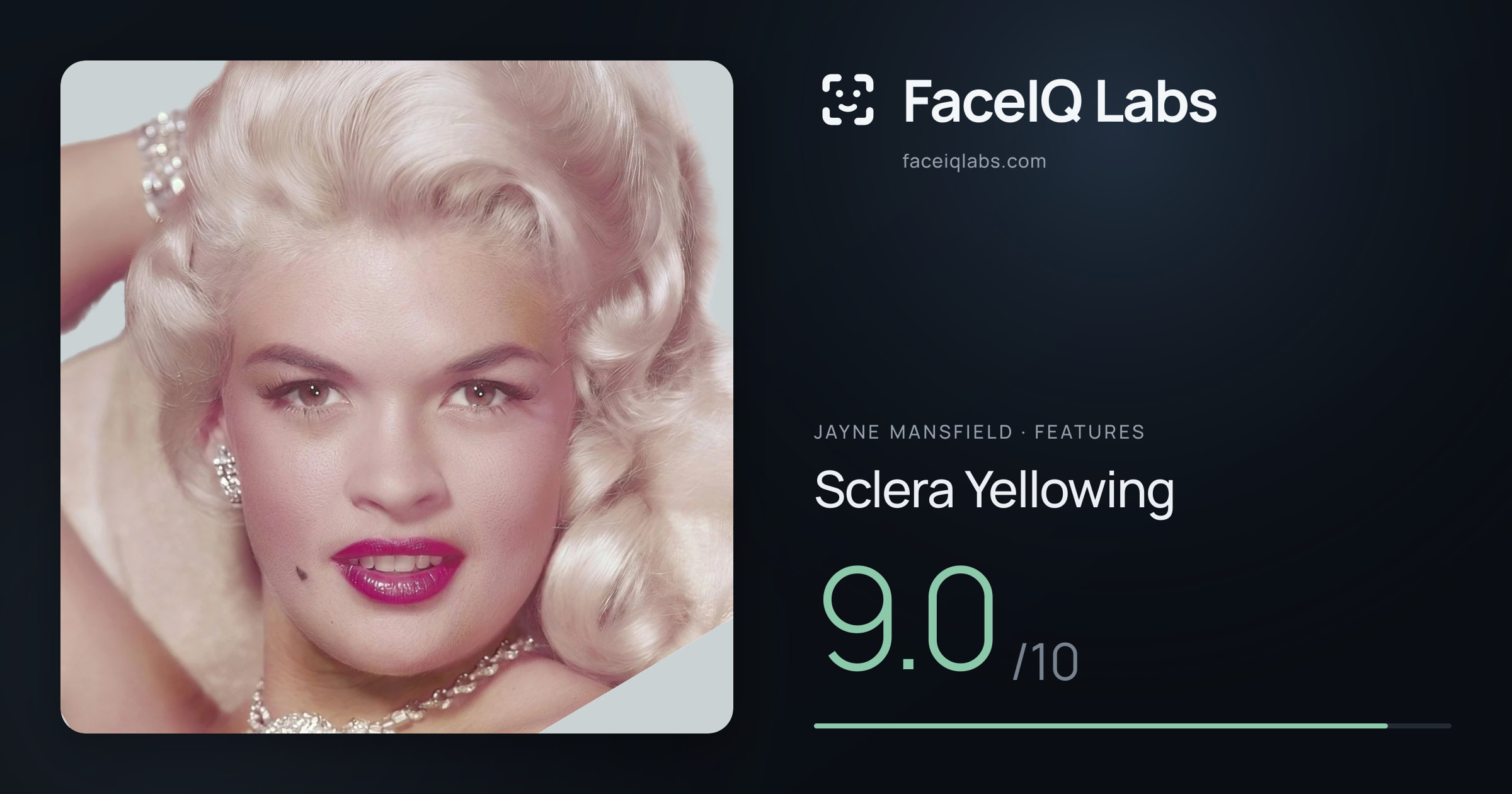 Jayne Mansfield Sclera Yellowing: 9.0/10, drawn on the photo