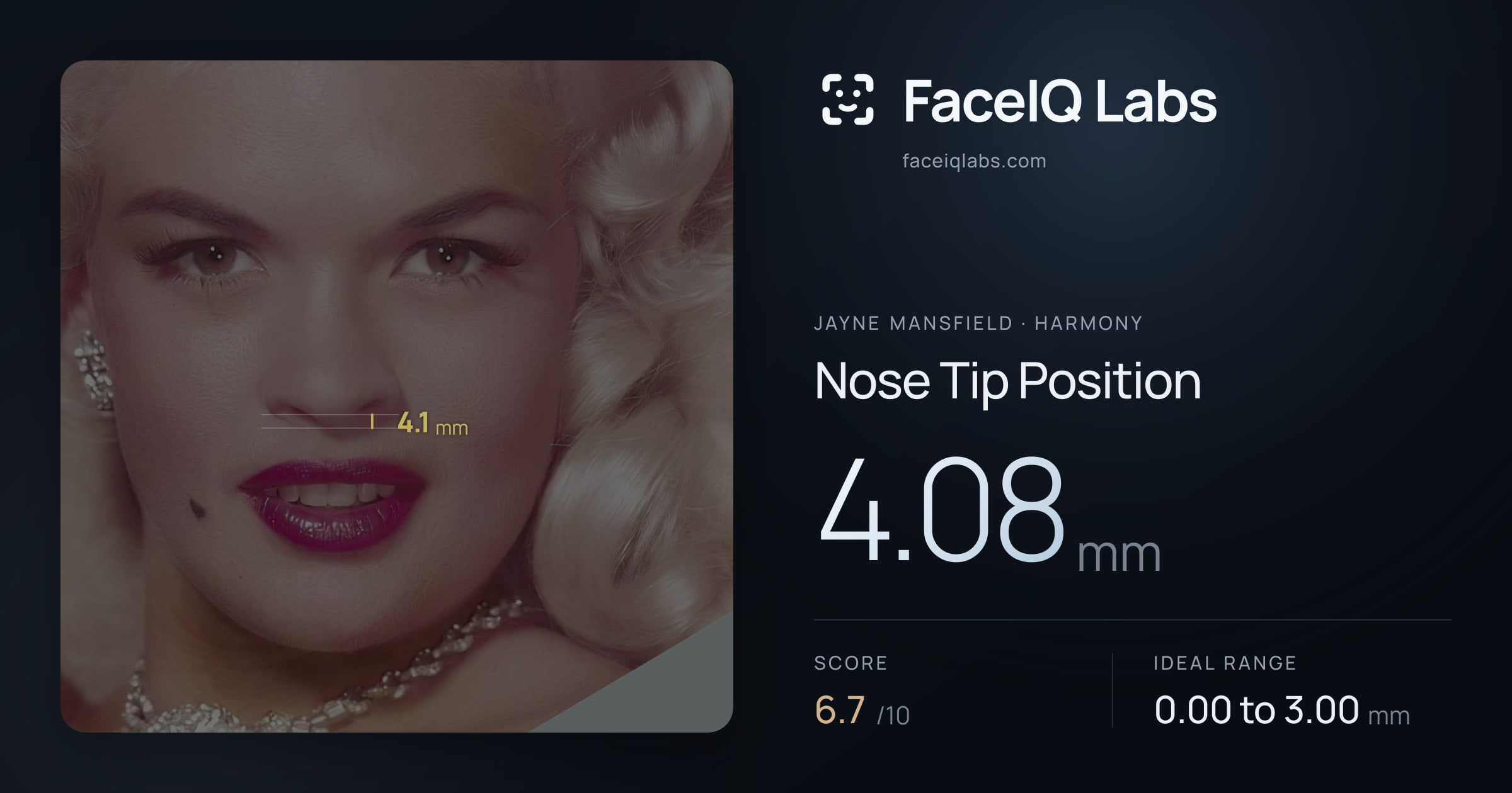 Jayne Mansfield Nose Tip Position: 4.08mm, drawn on the photo