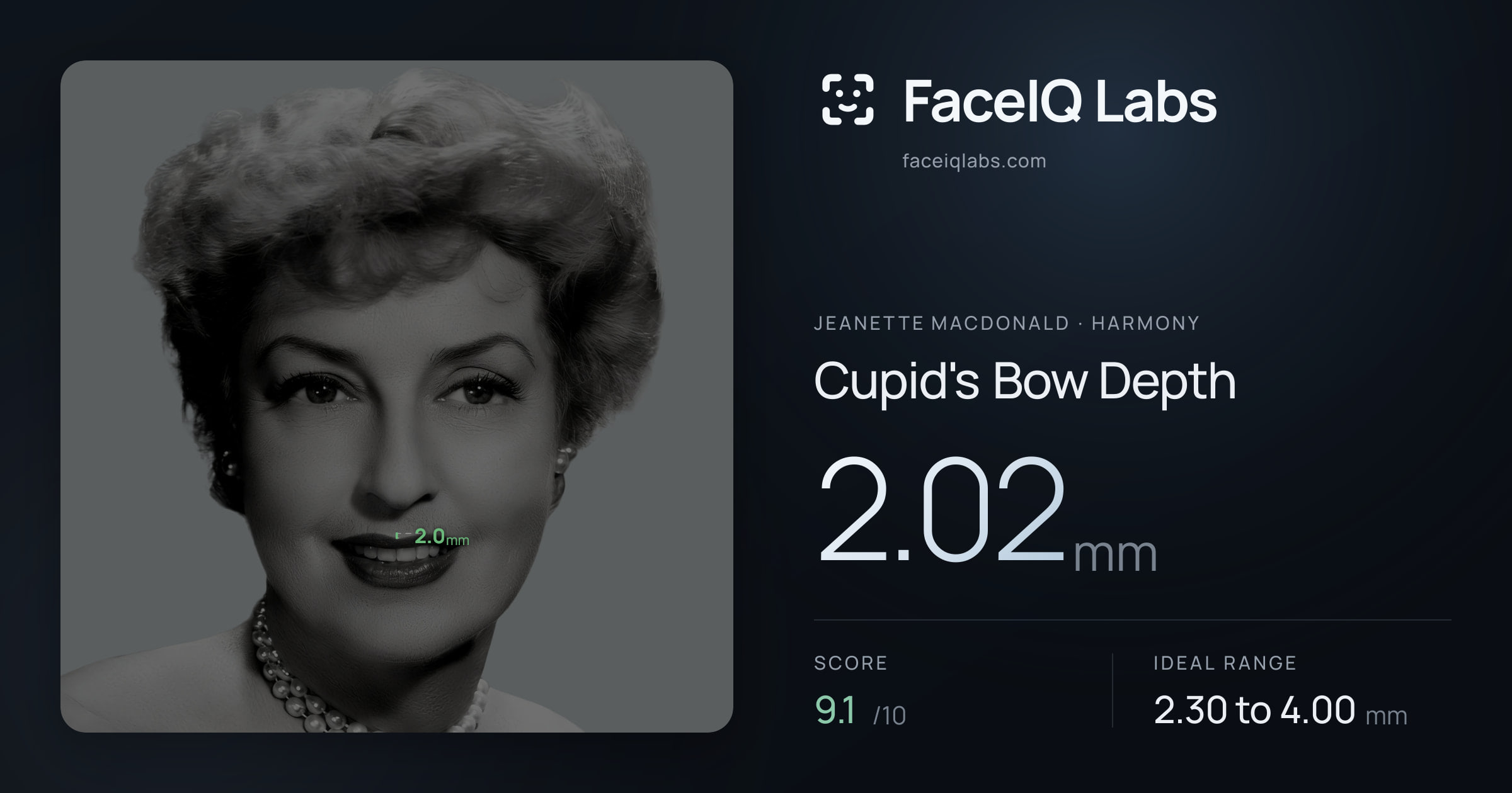 Jeanette MacDonald Cupid's Bow Depth: 2.02mm, drawn on the photo