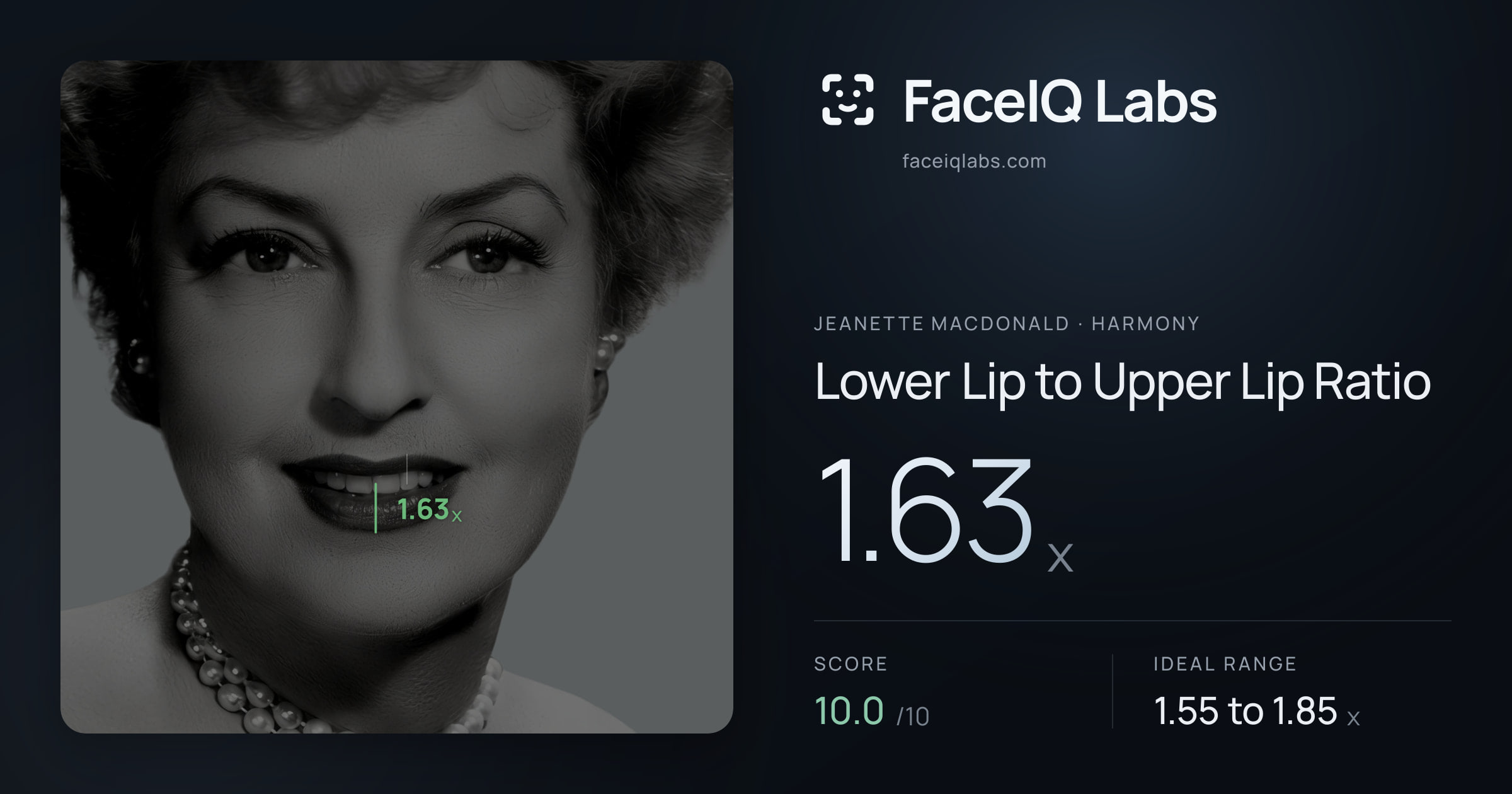 Jeanette MacDonald Lower Lip to Upper Lip Ratio: 1.63x, drawn on the photo